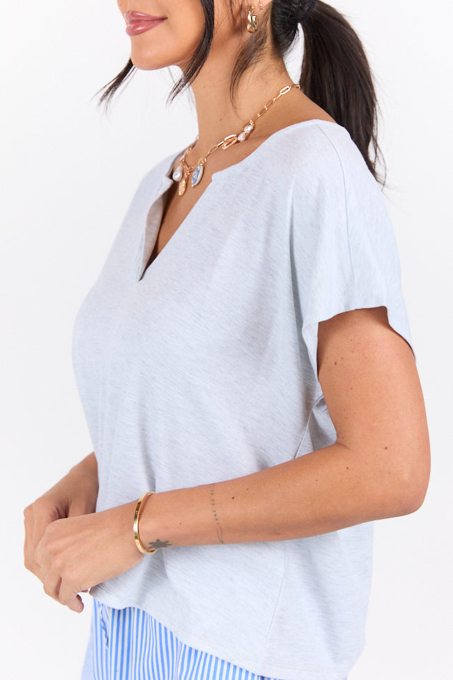 Let's Go Grey Notched Neck Knit Tee - Women's Casual Crewneck T-Shirt | Soft Cotton Blend Top for Everyday Wear | Perfect for Work, Weekend & Layering