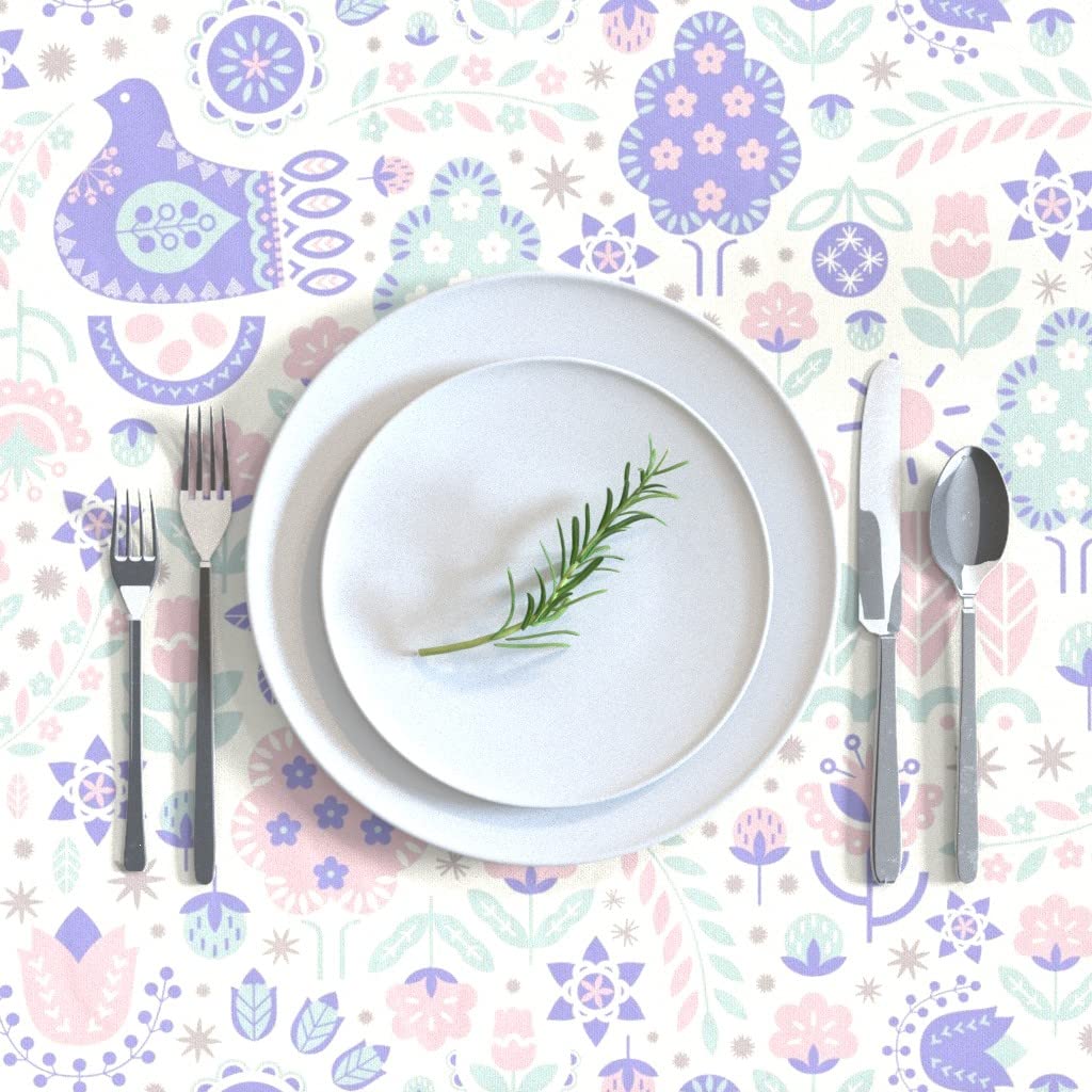 Premium Spoonflower Cotton Sateen Tablecloth 70x120 Inches - Spring Blossom Floral Easter Folk Art Scandinavian Print Custom Table Linens for Dining Room Decor, Holiday Parties & Special Occasions