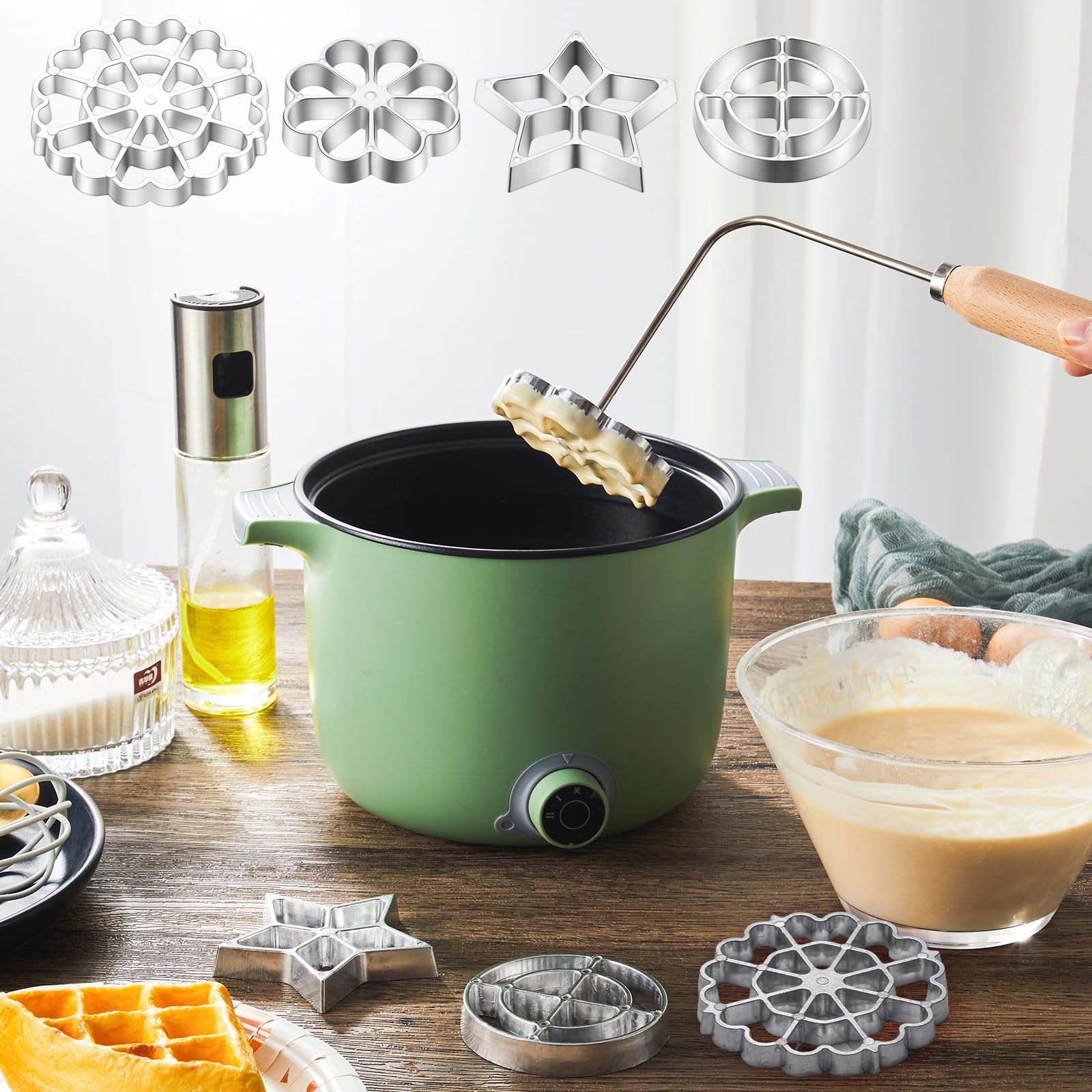 6 Pcs Rosette Iron Mold Set - Aluminum Alloy Bunuelos Maker with Wooden Handle, 3 Interchangeable Heads (Star, Flower, Circle) for Waffles, Cookies & Pastries - Perfect for Holiday Baking, Party Treats & Homemade Desserts