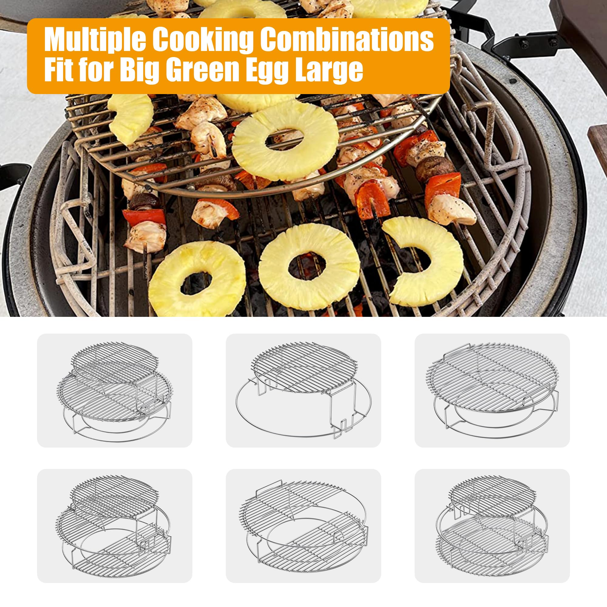 BBQ-PLUS Heavy Duty Stainless Steel 3-Tier 5-Piece Grill Basket Accessories with Removable Cooking Rack System - Replacement Kit for Large Big Green Egg - Perfect for Backyard BBQ, Grilling, Smoking & Outdoor Cooking