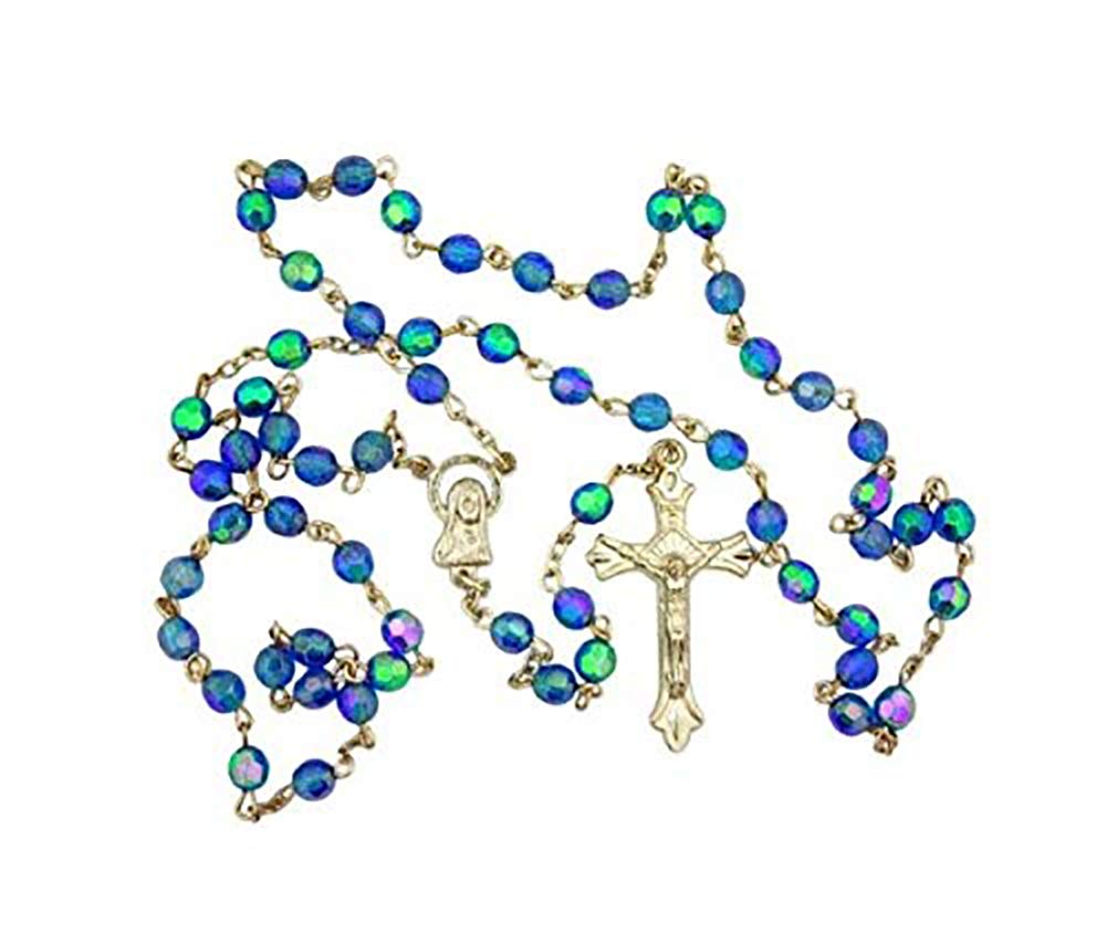 Catholic Rosary with Virgin Mary Center - 6MM Light Blue Aurora Borealis Glass Beads for Prayer & Meditation | Perfect for Gifts, Church Use & Personal Devotion