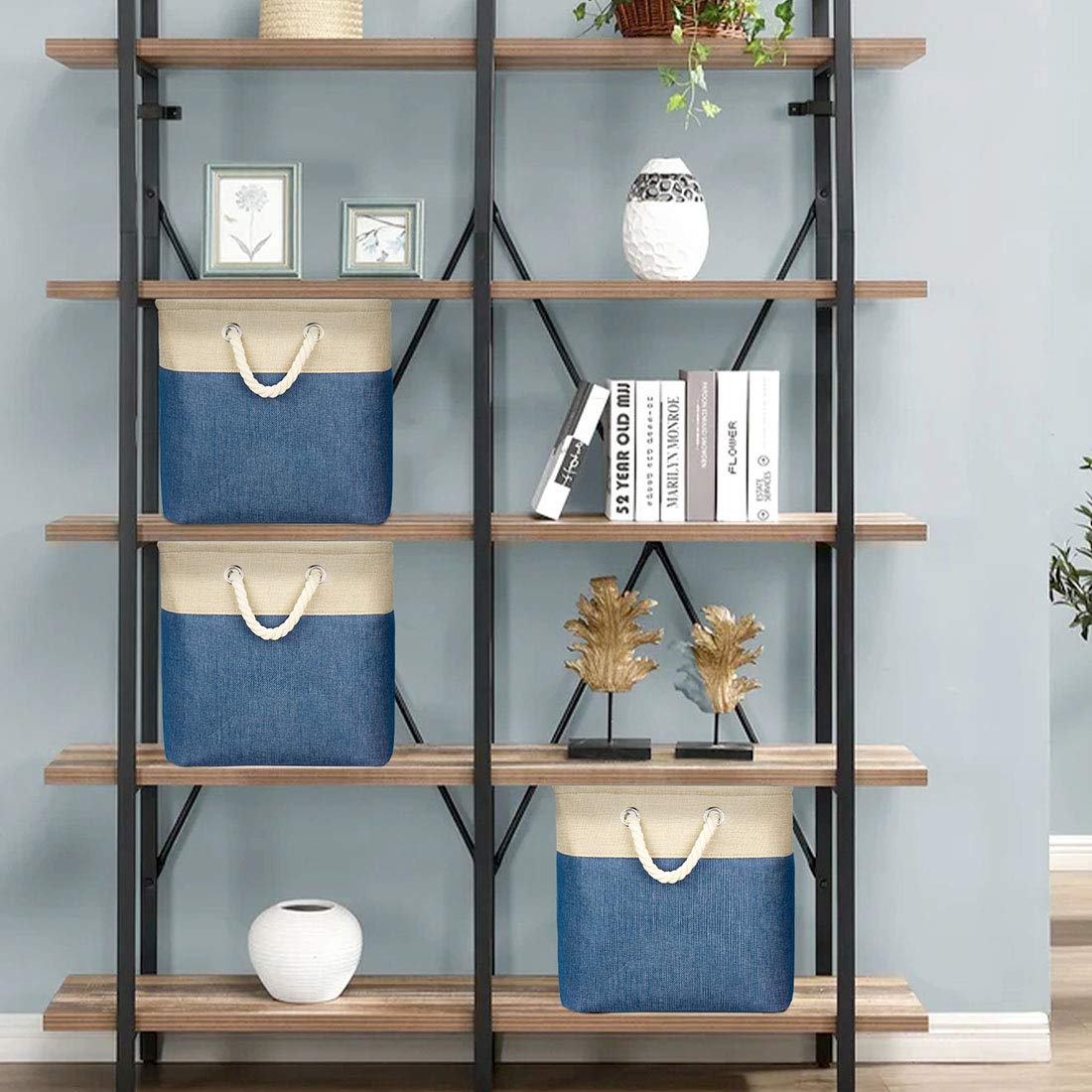 i BKGOO 3-Pack Large Foldable Storage Bins | Collapsible Fabric Organizer Baskets with Cotton Handles | 13×13×13 Inch for Home, Office, Shelf, Clothes & Toys (Khaki-Blue) | Perfect for Closet Organization, Kids Room Storage & Space Saving Solutions