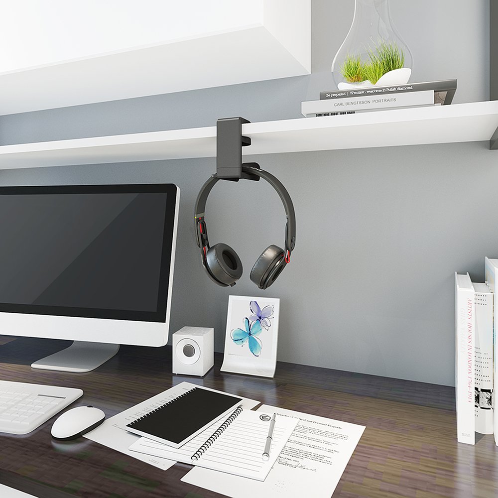 360° Swivel Adjustable Clamp-on Headphone Stand with Cable Organizer - 2 Pack Black Under Desk Gaming Headset Holder for PC, PS5, Xbox - Perfect for Home Office & Gaming Setup