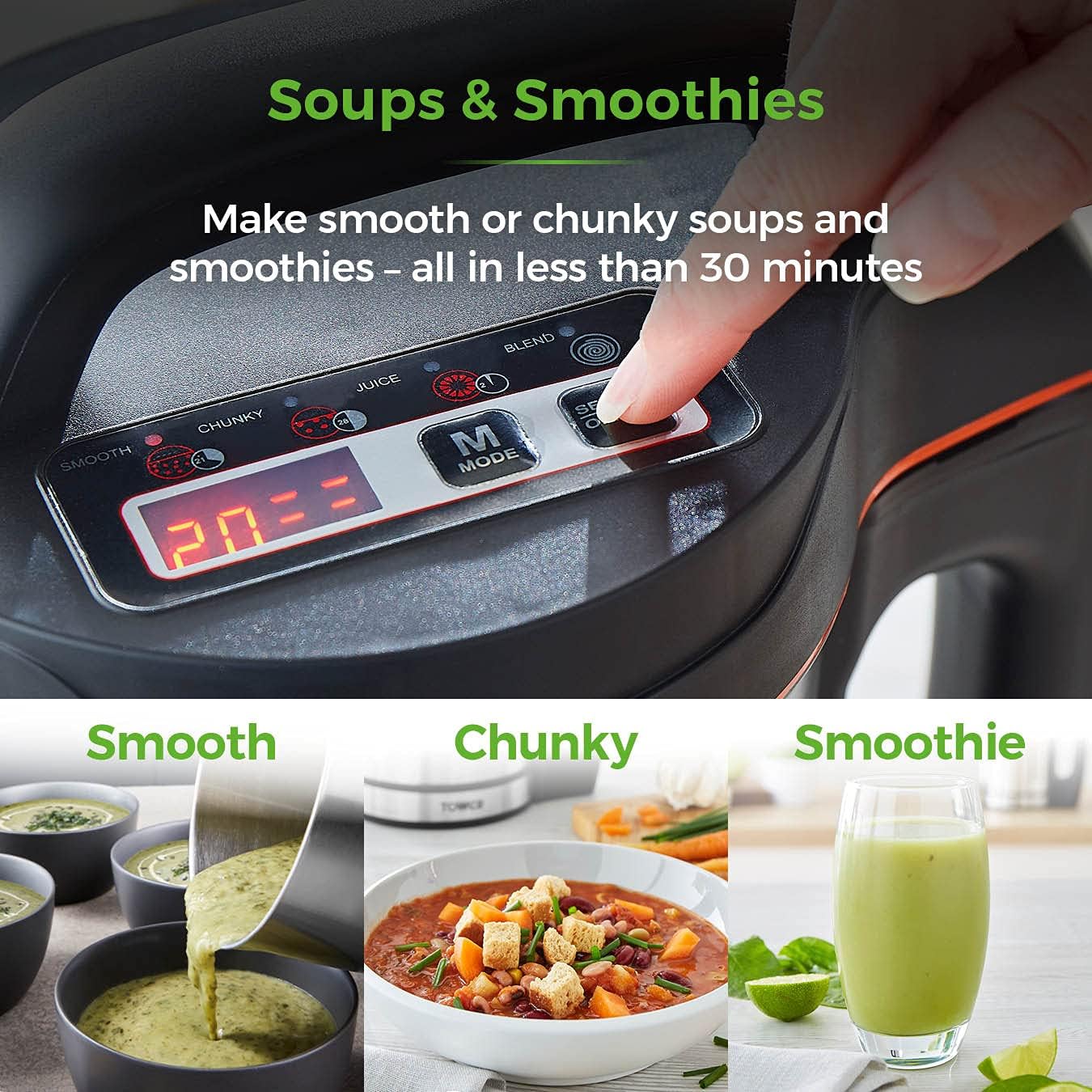 T12031 1000W Smart Soup & Smoothie Blender with 1.6L Stainless Steel Jug, Sharp Blades for Smoothies, Soups, Baby Food - Perfect for Kitchen, Office, Healthy Lifestyle