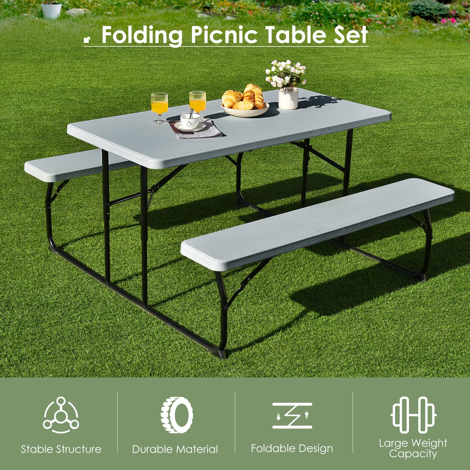 Giantex Folding Picnic Table with Benches - Outdoor Dining Set for Camping, Patio, Lawn, Garden & Poolside - Portable Weather-Resistant Metal Frame (Gray) - Perfect for BBQs, Picnics & Outdoor Gatherings