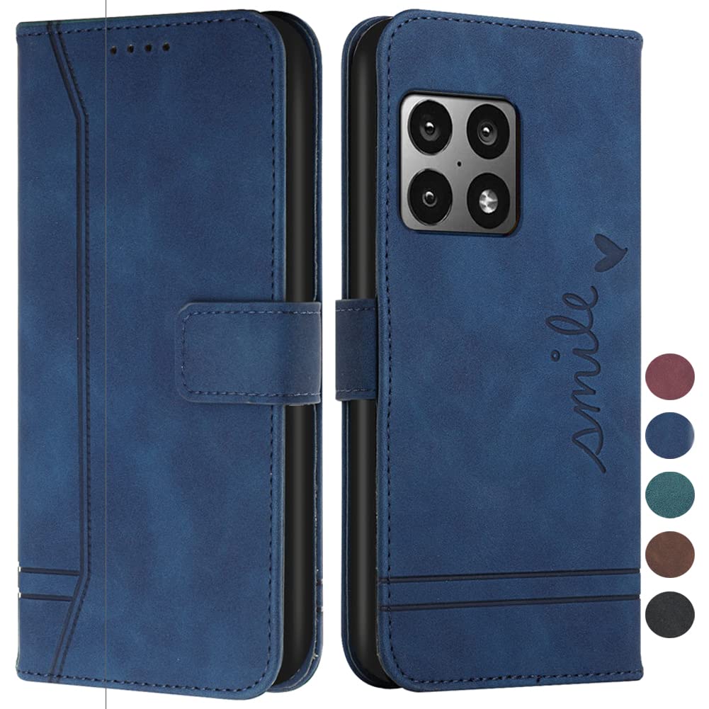 Premium Leather Wallet Case for OnePlus 10 Pro 5G - Magnetic Flip Cover with Card Holder & Kickstand (Smile Blue) | Full Protection Phone Case for Business & Travel Use