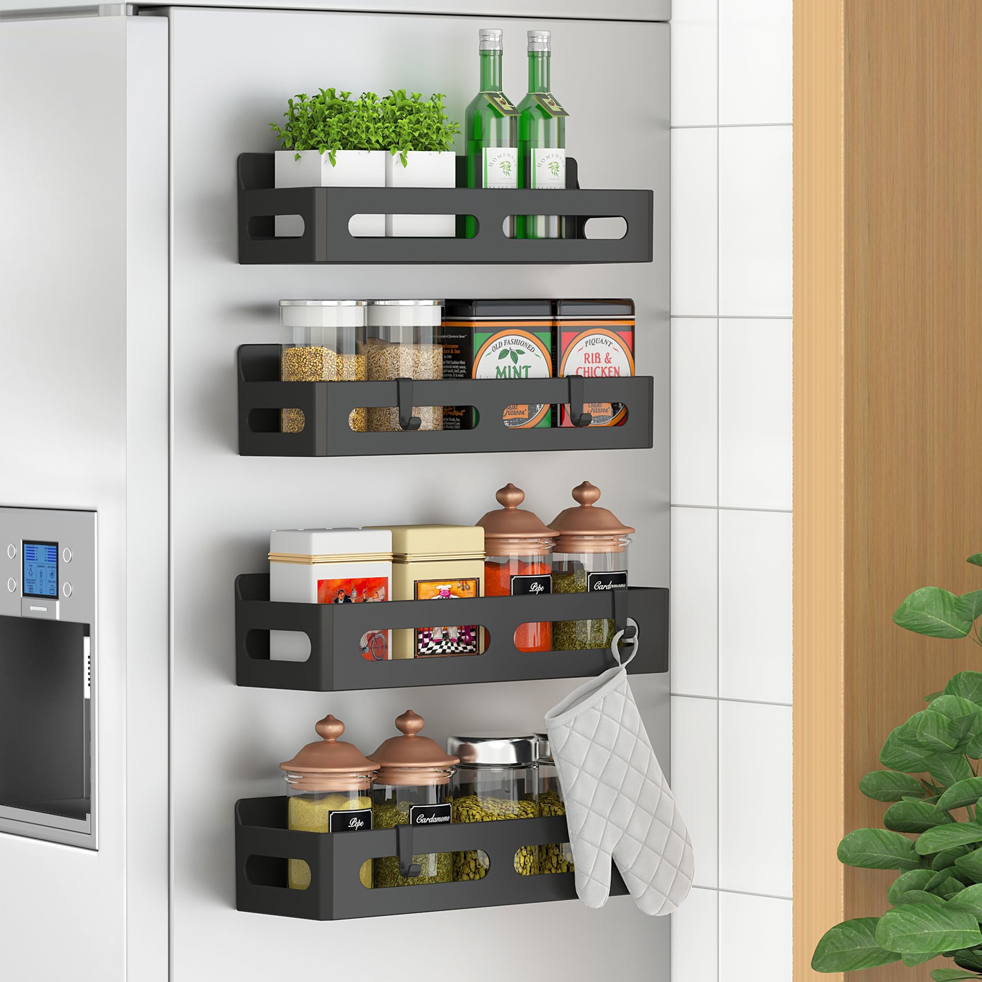 4 Pack Magnetic Spice Rack for Refrigerator - Space Saving Spice Organizer with 4 Hooks - Strong Magnetic Shelf for Kitchen, Pantry & Oven Storage - Perfect for Organizing Spices, Condiments & Utensils (Black)