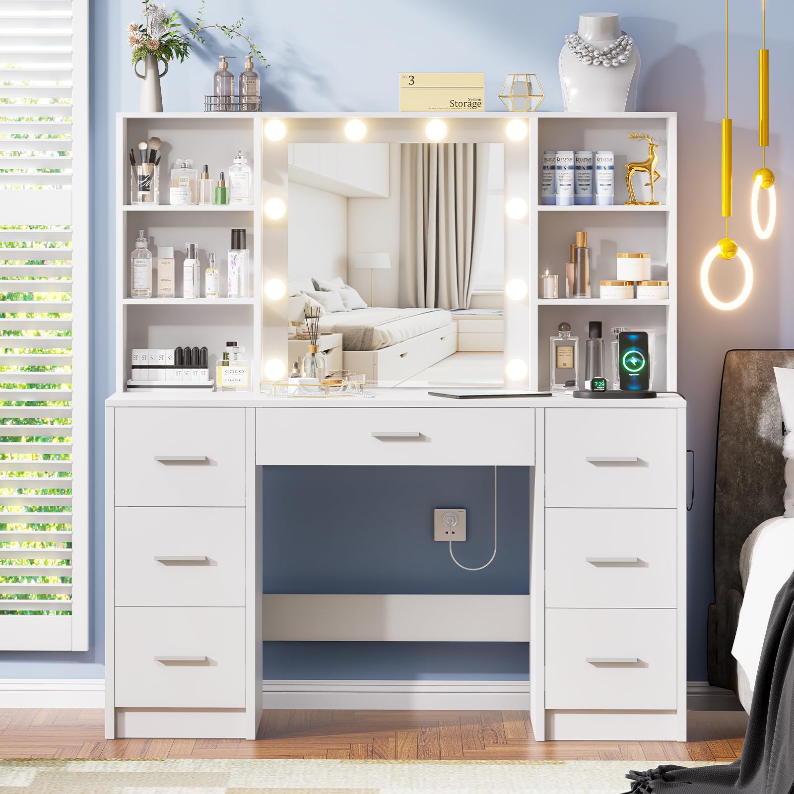 Large Vanity Desk with Mirror & 10 LED Lights - Makeup Dressing Table with Power Outlet, 7 Drawers & 6 Storage Shelves - 3 Lighting Modes - White Vanity Table for Bedroom, Home Decor & Beauty Room Organization