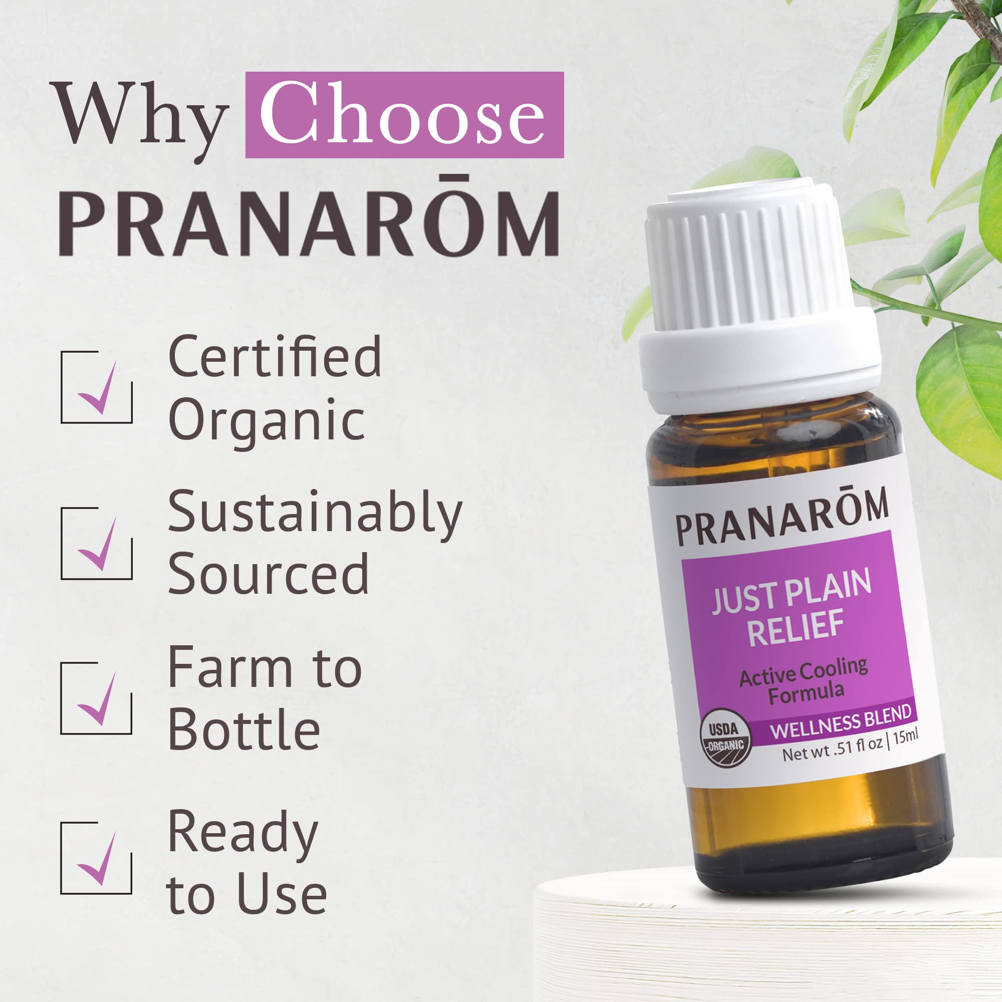 Pranarom Organic Just Plain Relief Essential Oil for Aromatherapy - 15ml Pure Therapeutic Grade for Stress Relief, Relaxation & Massage - Perfect for Diffusers, Bath & Home Spa