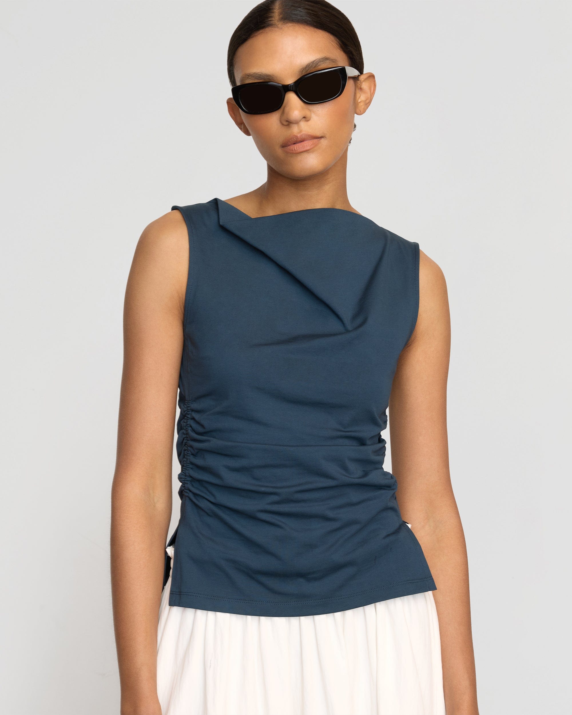 Josie Shirred Side Cowl Neck Tee - Women's Casual T-Shirt for Everyday Wear | Perfect for Work, Dates & Outings