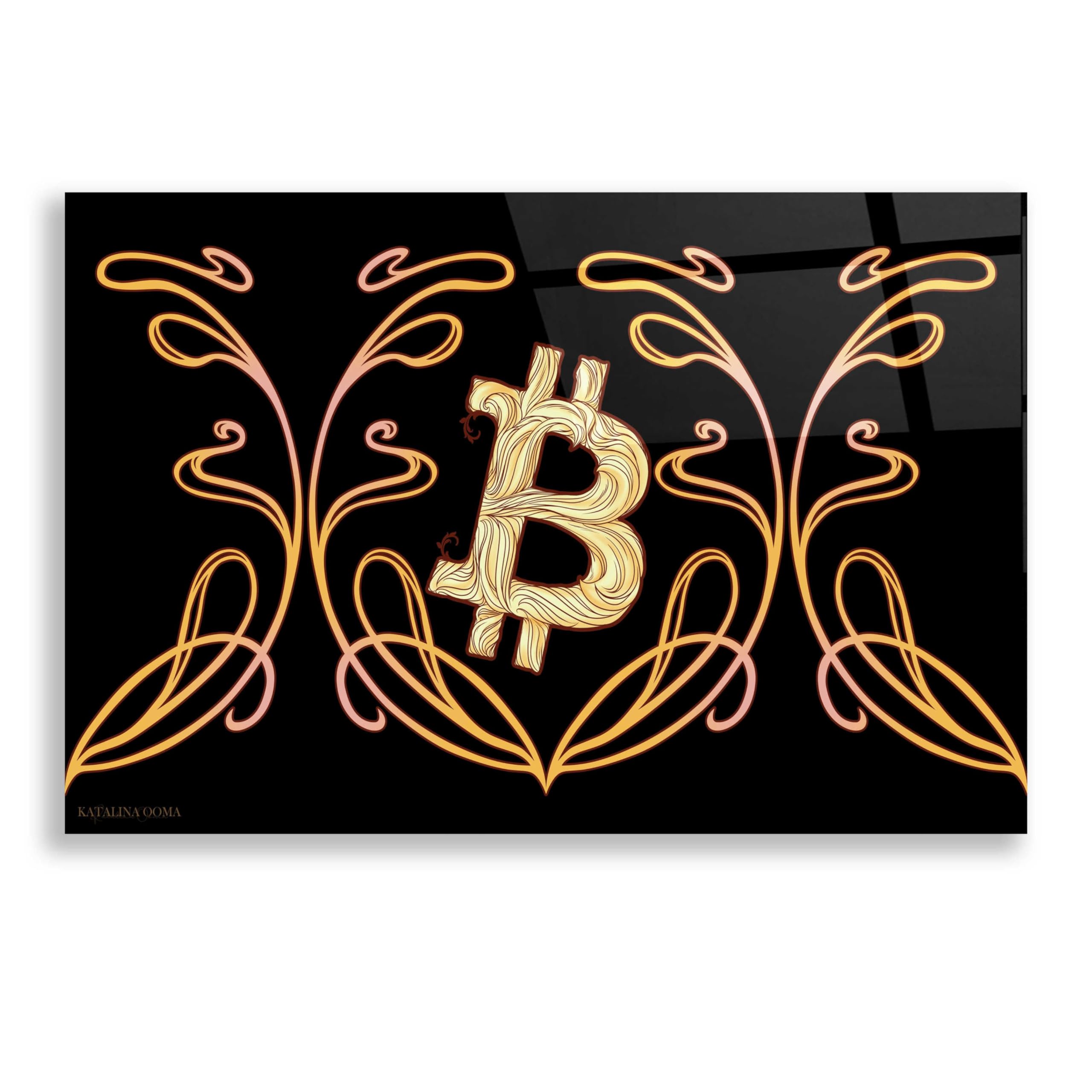 Art Nouveau Bitcoin Gold Acrylic Glass Wall Art by Katalina - 24x16 Inches Modern Home Decor for Living Room, Office & Gallery Display