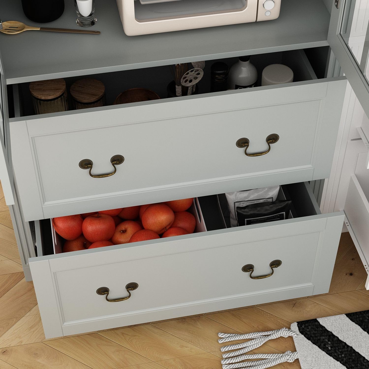 MOUMON Pantry Cabinet with 2 Drawers & Glass Doors - Adjustable Shelves Kitchen Storage Cabinet, 31.5