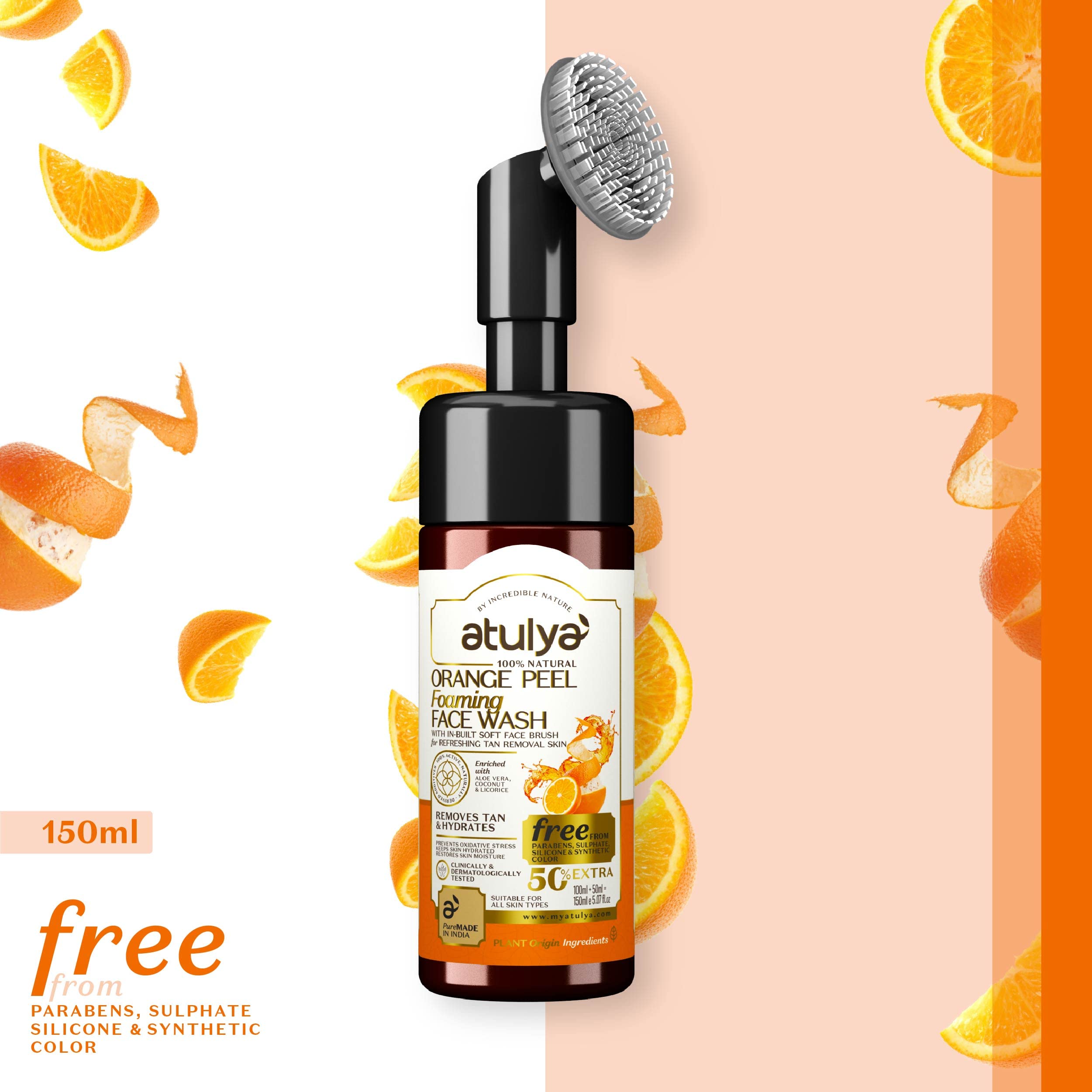 Atulya Orange Peel Foaming Face Wash with Built-In Soft Face Brush - Gentle Exfoliating Cleanser for Acne & Blackheads - Perfect for Daily Skincare Routine
