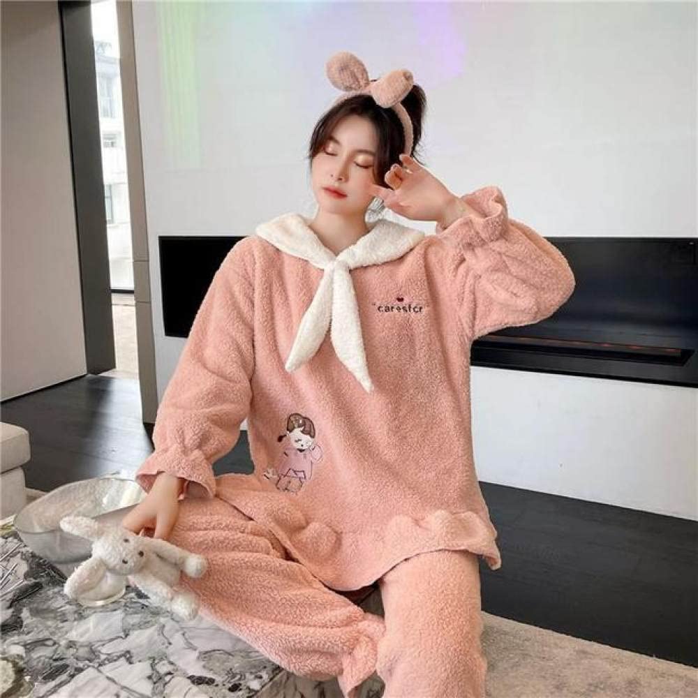 AUBERSIT Women's Coral Fleece Pajama Set - Soft & Warm Winter Sleepwear, 2-Piece Shirt & Pants Lounge Set for Home, Casual Comfort (Pink, XL) - Perfect for Cozy Nights, Relaxing at Home & Winter Comfort