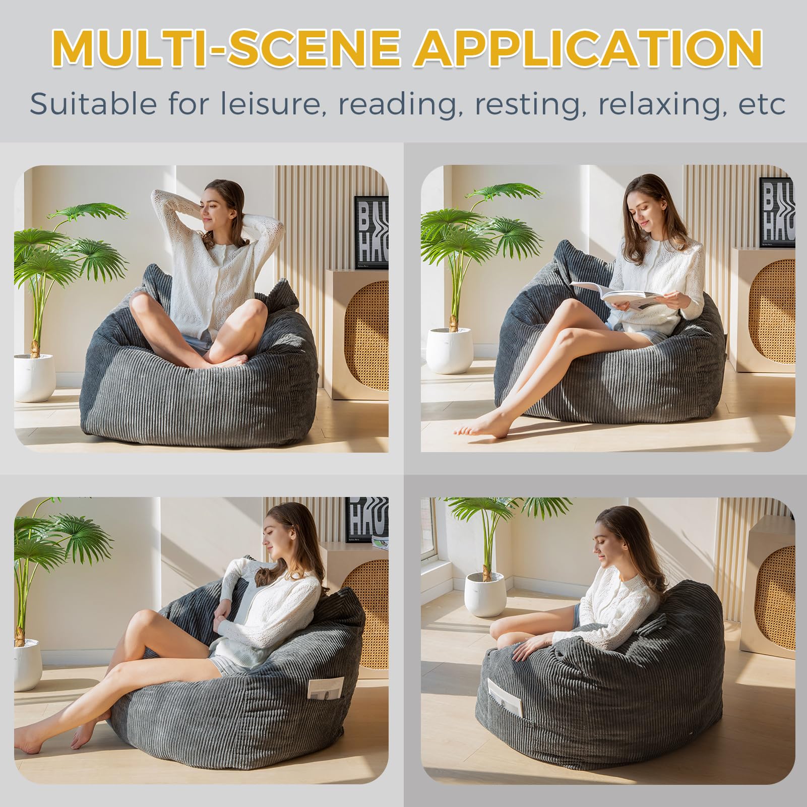 MAXYOYO Bean Bag Chair with Handle - Soft Floor Sofa for Adults, Kids & Teens - Comfortable Accent Chair with Pocket for Gaming, Reading & Relaxing - Perfect for Living Room, Bedroom & Game Room