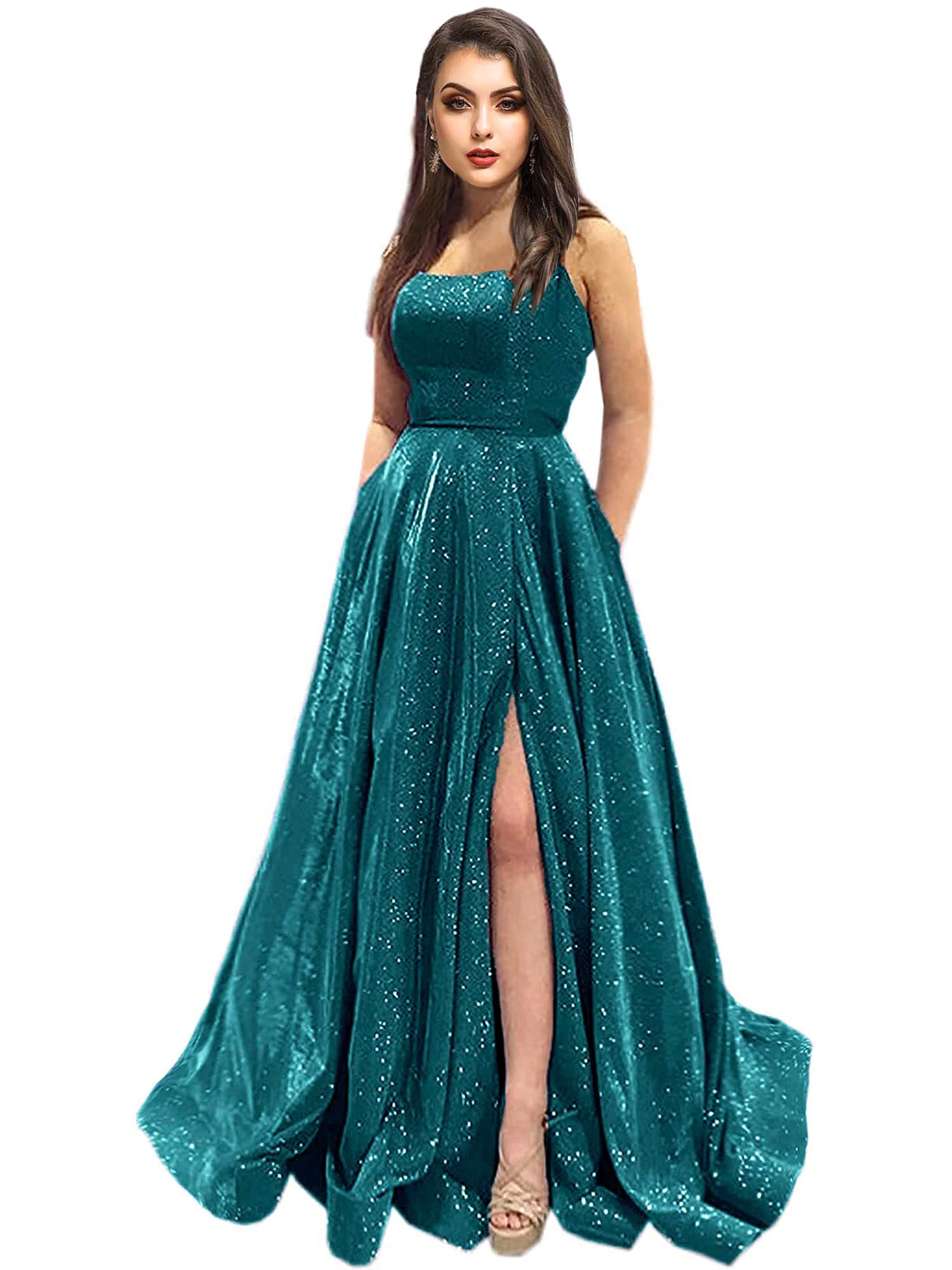 Elegant Women's Prom Dresses - Formal Evening Gown with Spaghetti Straps & Glitter Detailing | Pockets Included | Perfect for Homecoming, Wedding Guest & Cocktail Party