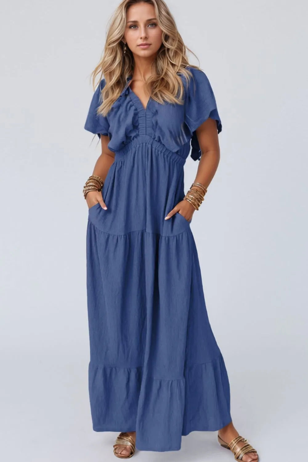 Blue Short Sleeve Summer Beach Maxi Dress for Women - Flowy Casual Sundress with Pockets - Perfect for Vacations, Pool Parties & Tropical Getaways
