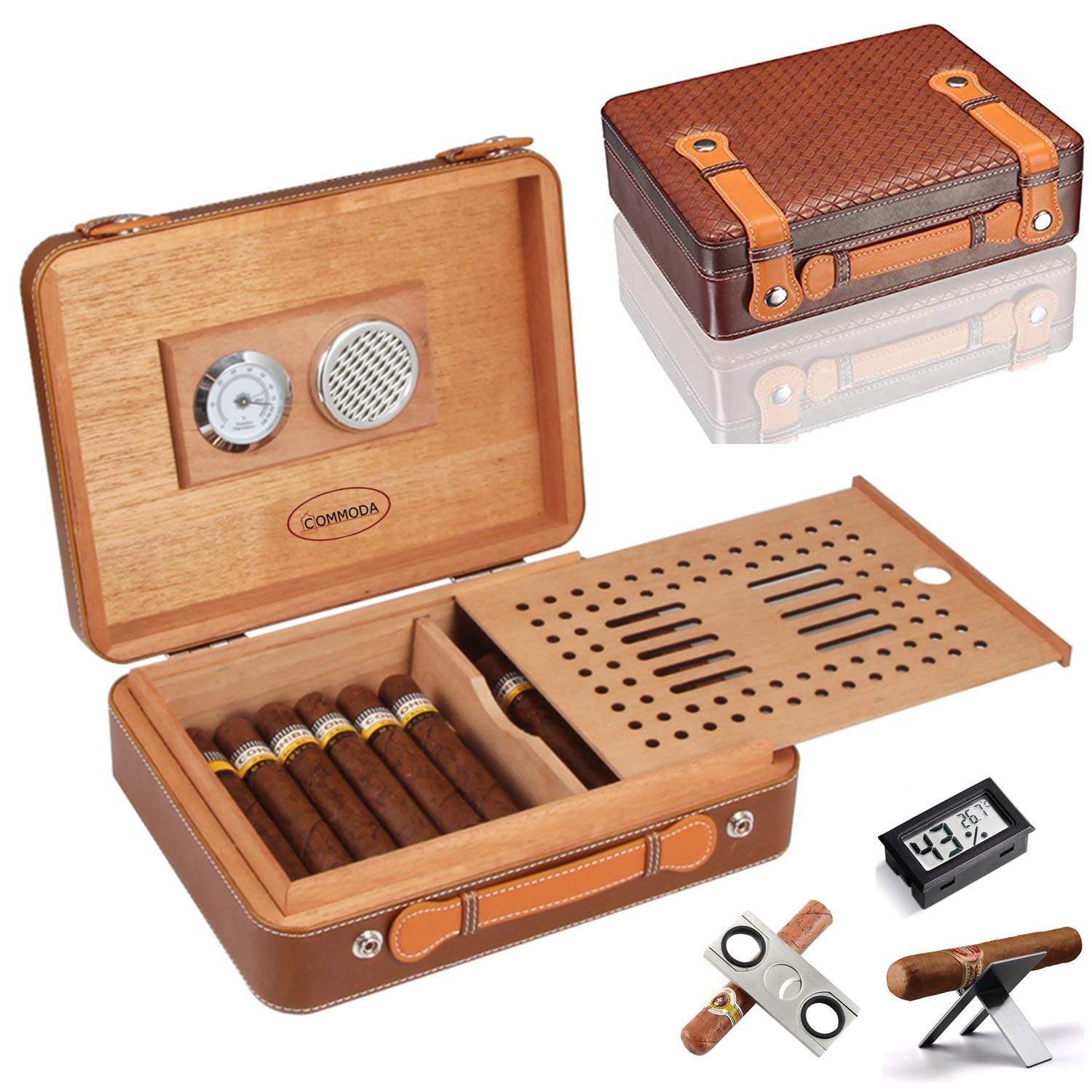 Premium Portable Genuine Leather Cigar Travel Case with Cedar Humidor - Wooden Cigar Box Set Includes Cutter Stand & Free Digital Hygrometer Thermometer - Perfect for Outdoor Travel, Gifts & Cigar Storage