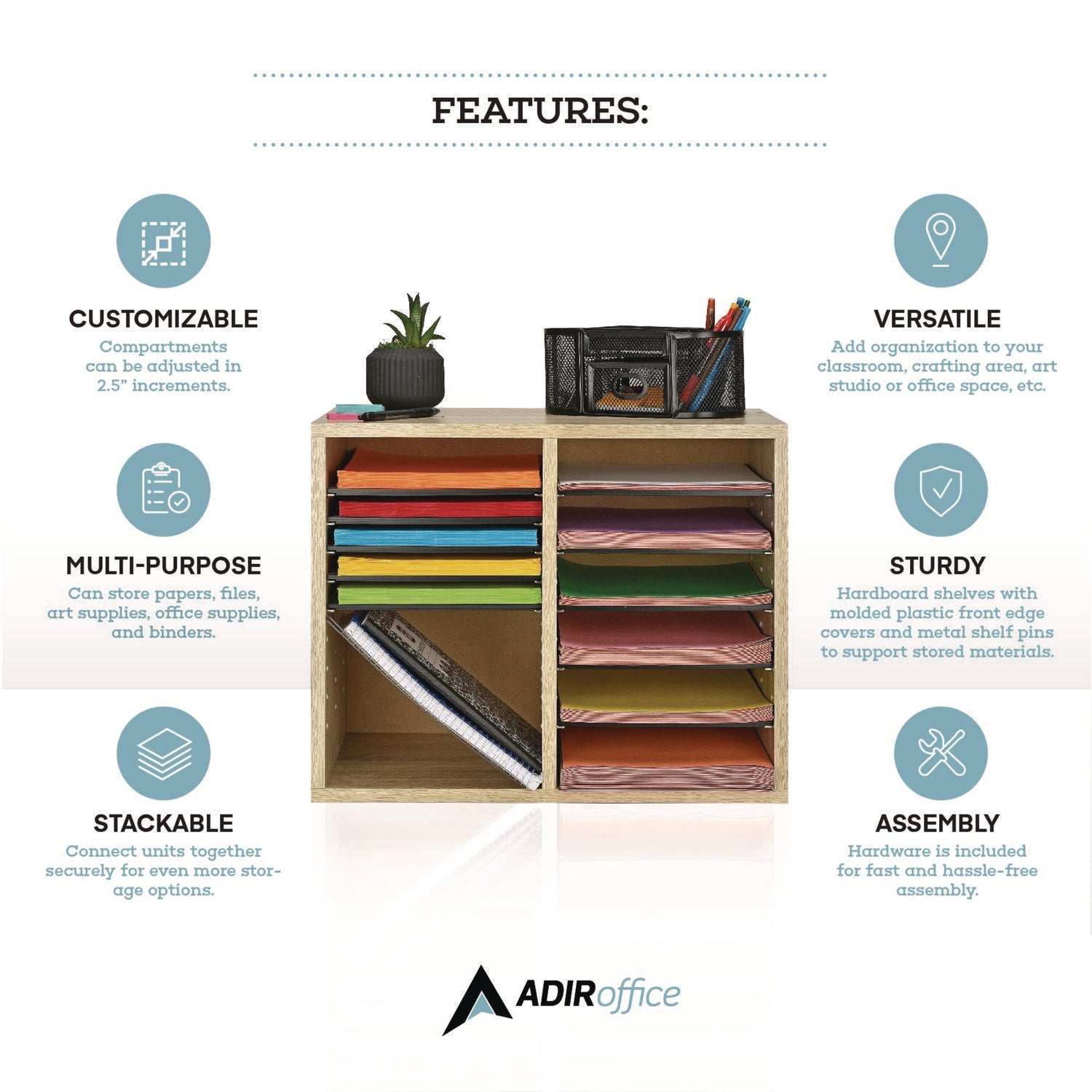 AdirOffice Wooden Adjustable 12-Section Letter Size Literature Organizer - Medium Oak (20