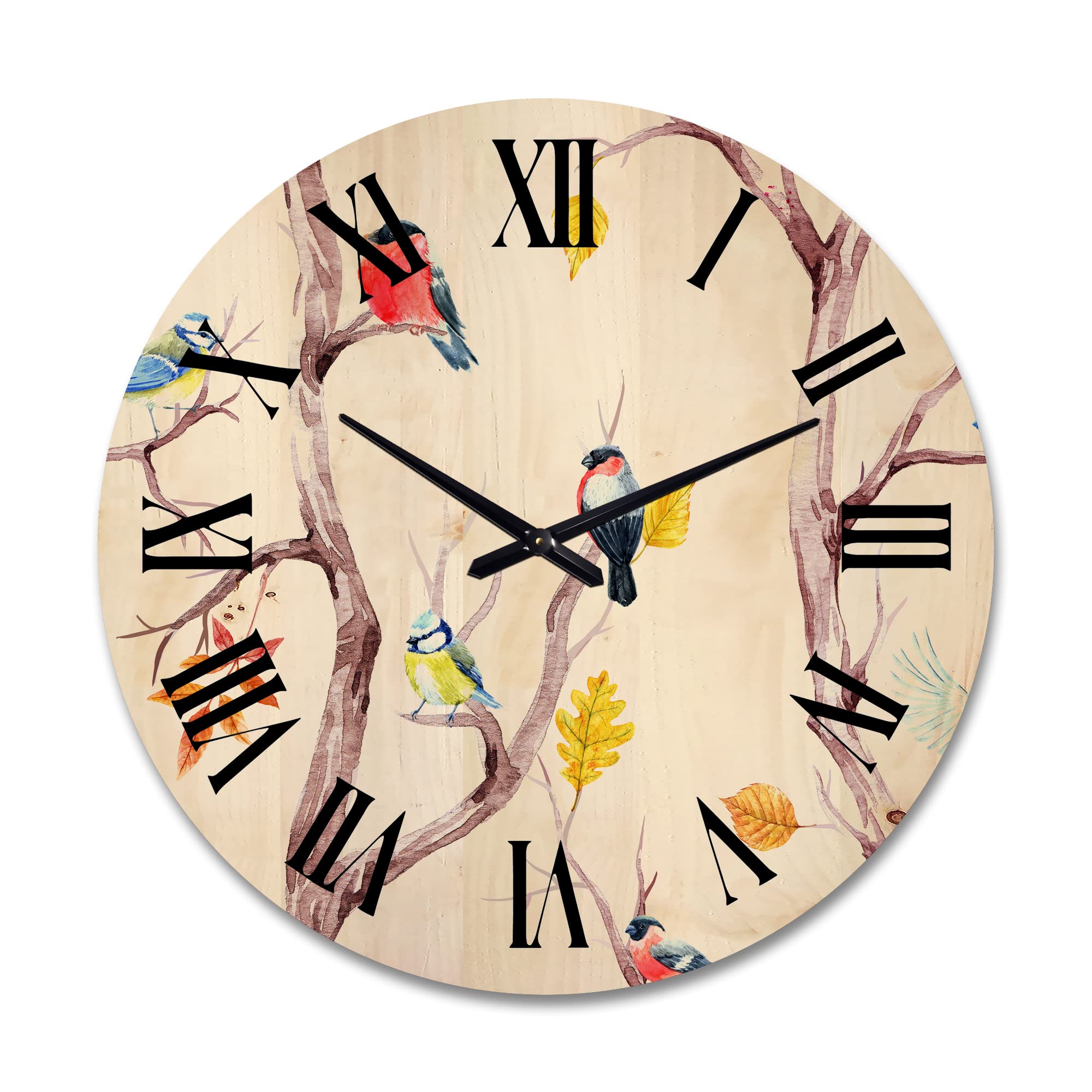 Large Traditional Wood Wall Clock with Little Birds and Fall Trees Design - Oversized Decorative Animal Wall Clock for Living Room, Bedroom, or Office Décor - Perfect for Rustic, Farmhouse & Nature-Inspired Home Interiors
