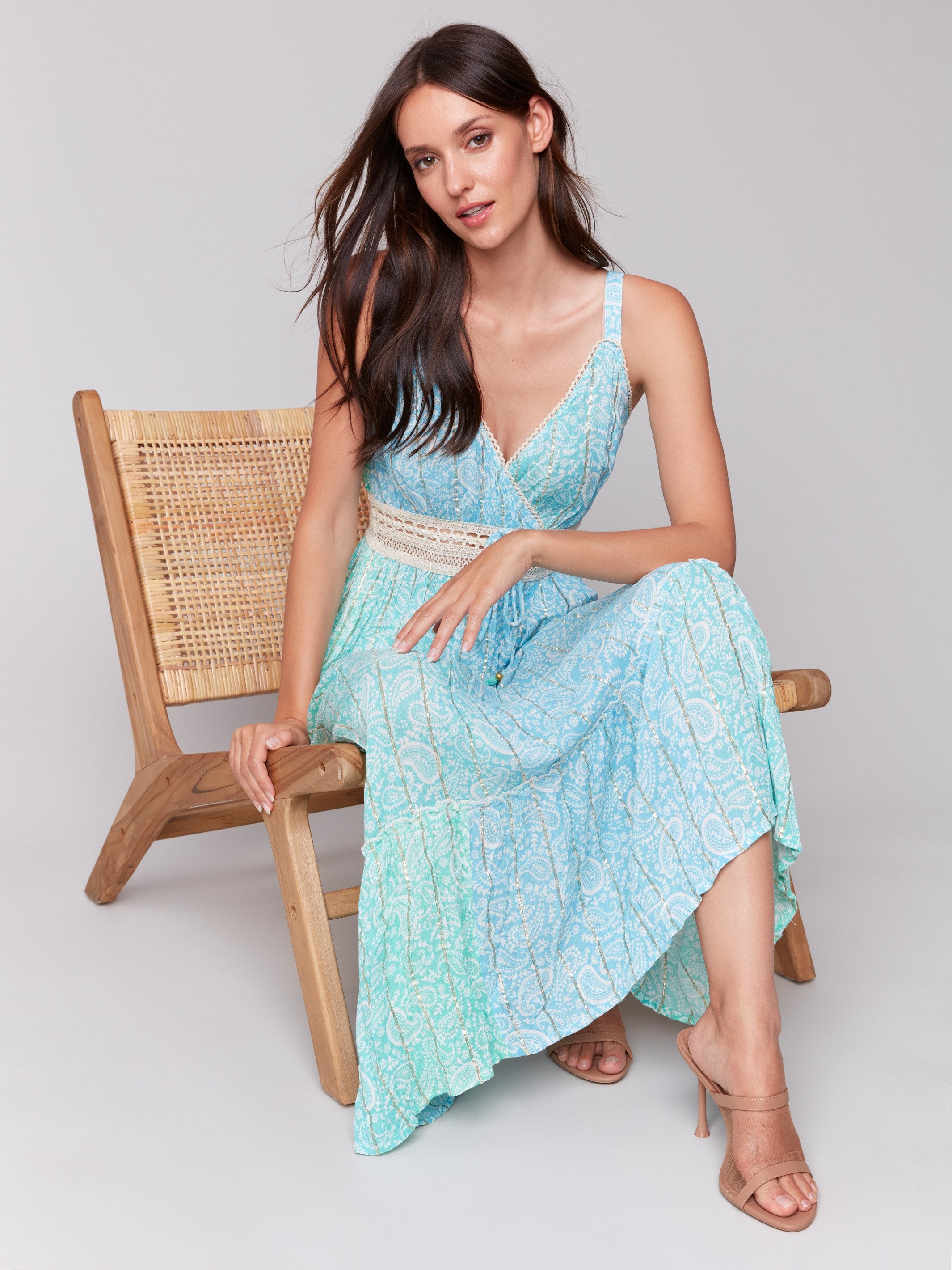 Elegant Ombre Foil Tiered Maxi Dress for Women - Stunning Lagoon Blue Color, Perfect for Beach Vacations, Summer Parties & Formal Events
