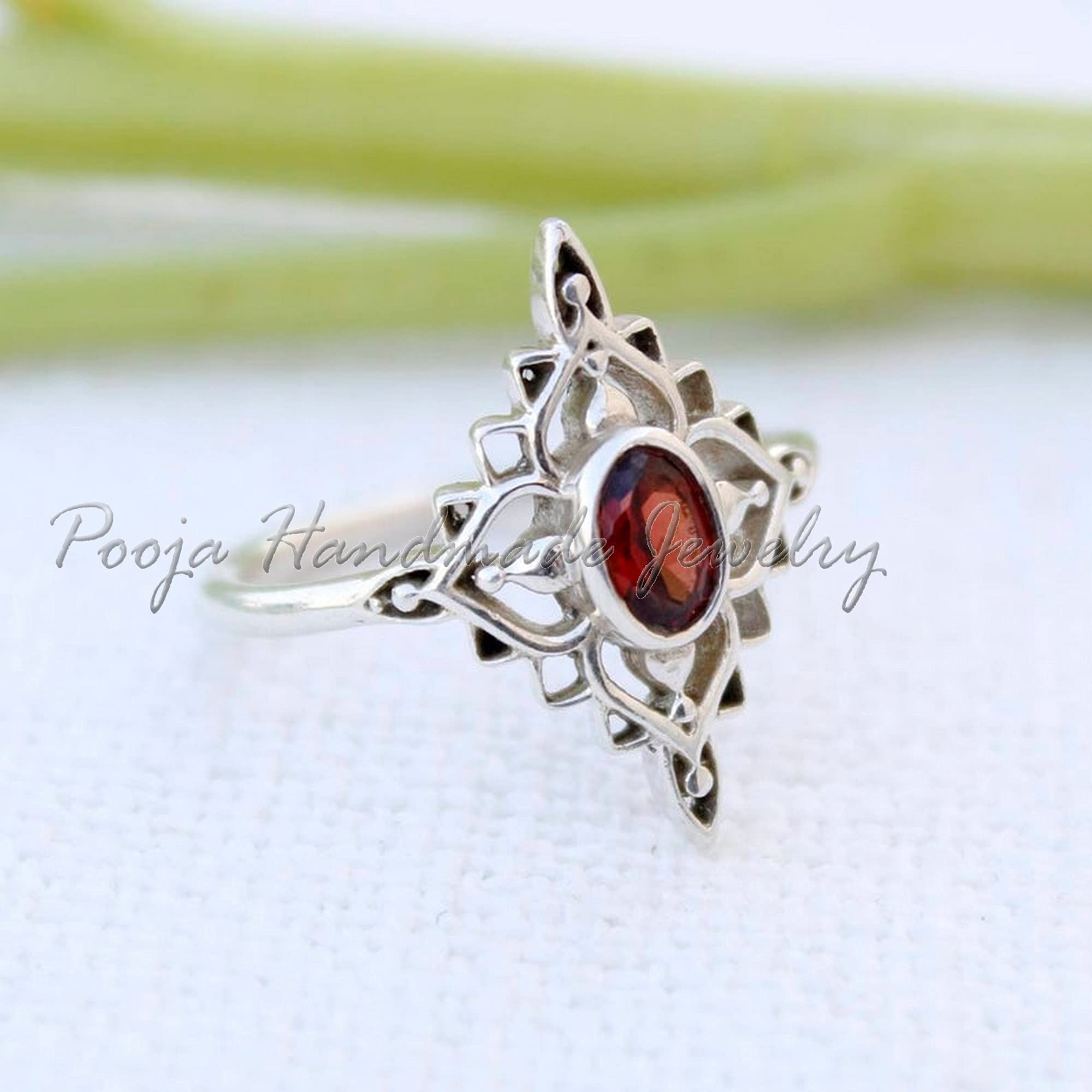 Gorgeous Handmade Sterling Silver Garnet Ring – January Birthstone, Boho Jewelry for Women, Dainty Flower Design, Perfect for Everyday Wear & Engagement