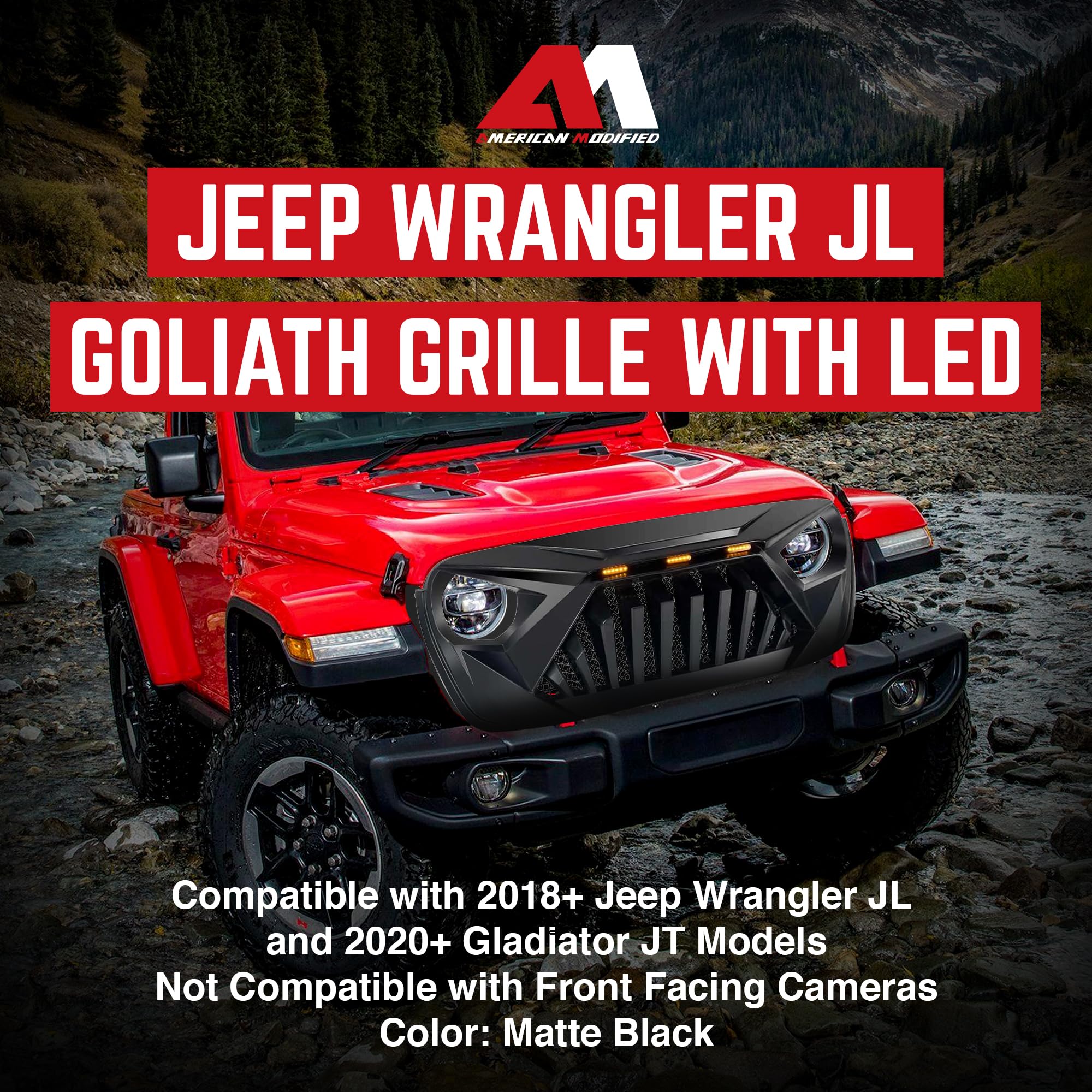 Jeep Goliath Grille with LED Amber Lights - Compatible with 2018+ Wrangler JL & 2020+ Gladiator JT (No TrailCam) - Matte Black | Off-Road Upgrade for Jeep Enthusiasts