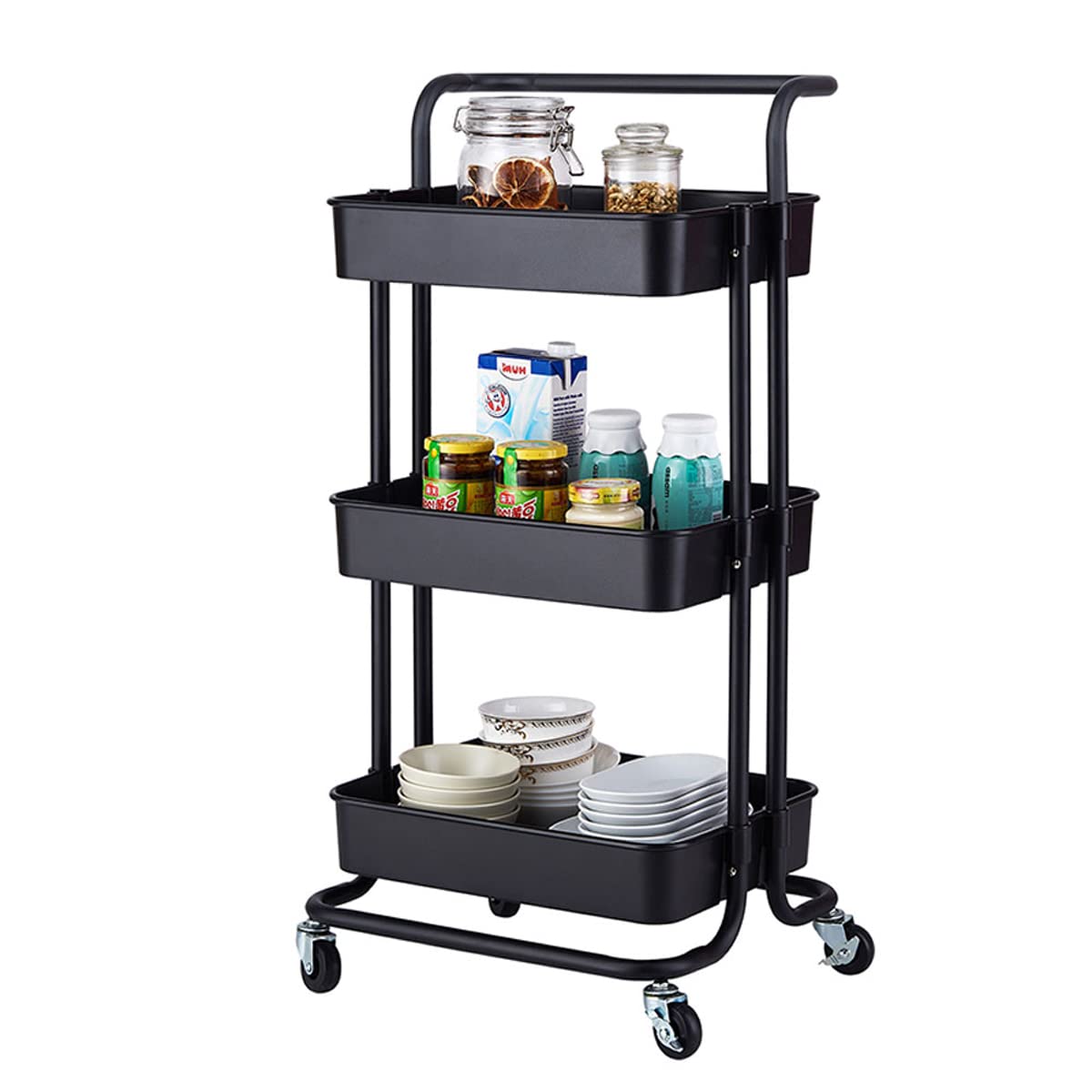 Rustic Kitchen Cart with Wheels & Storage - 3-Tier Rolling Utility Cart with Lockable Wheels, Metal & ABS Construction - Perfect for Pantry Organization, Small Kitchen Storage & Mobile Cooking Station - Black