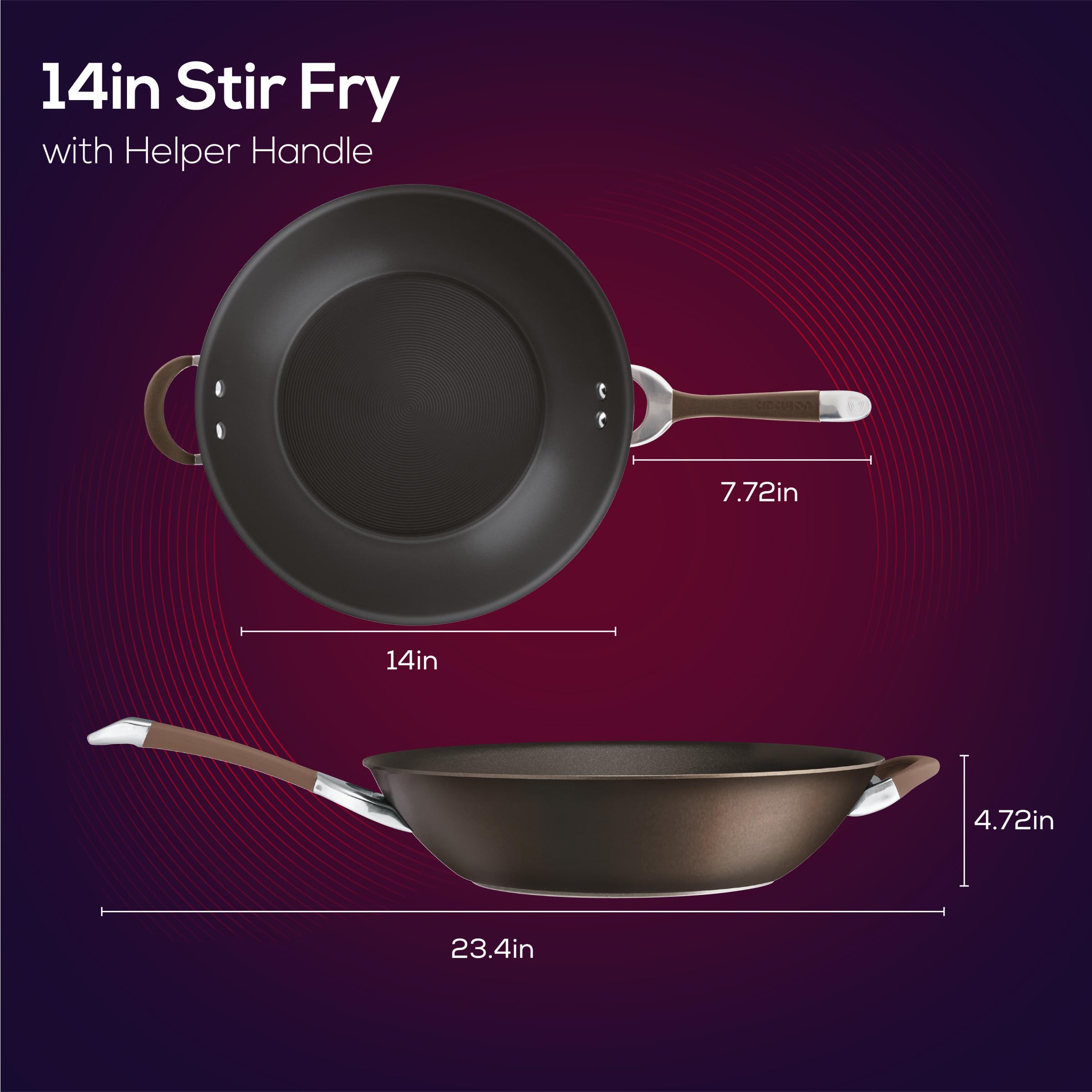 Circulon Symmetry 14-Inch Hard Anodized Nonstick Stir Fry Wok Pan with Helper Handle - Chocolate Brown - Perfect for Asian Cooking, Stir Frying, Sautéing & Family Meals