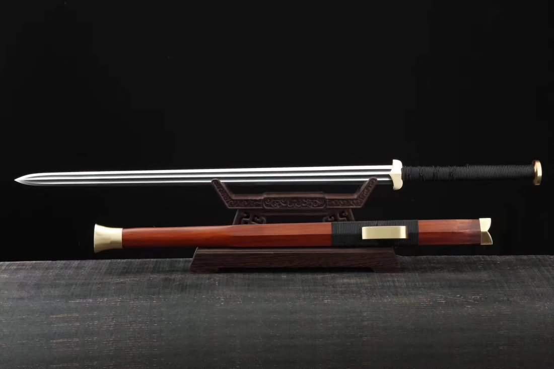 Handmade Han Jian Chinese Sword - Folding Steel Blade, Rosewood Scabbard with Brass Fittings - Traditional Martial Arts Weapon for Collectors & Display