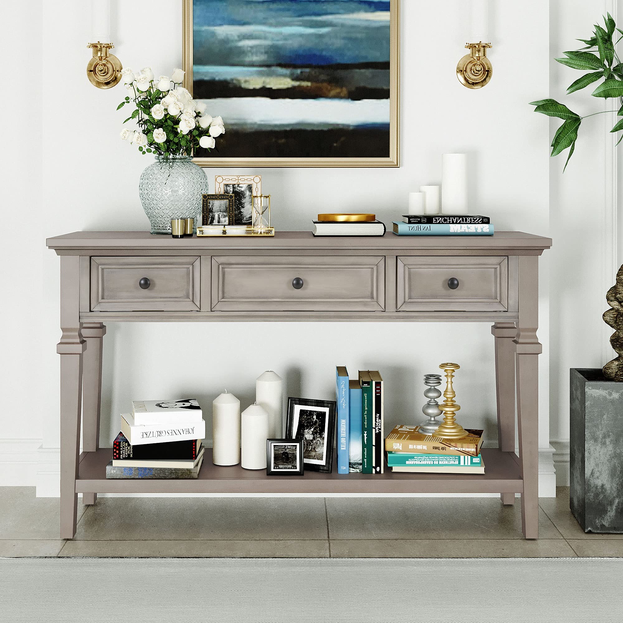 Modern Solid Wood Console Table with 3 Drawers & Open Shelf - Sofa Table, Entryway Side Table - Easy Assembly, Gray Wash - Perfect for Living Room, Hallway & Home Decor