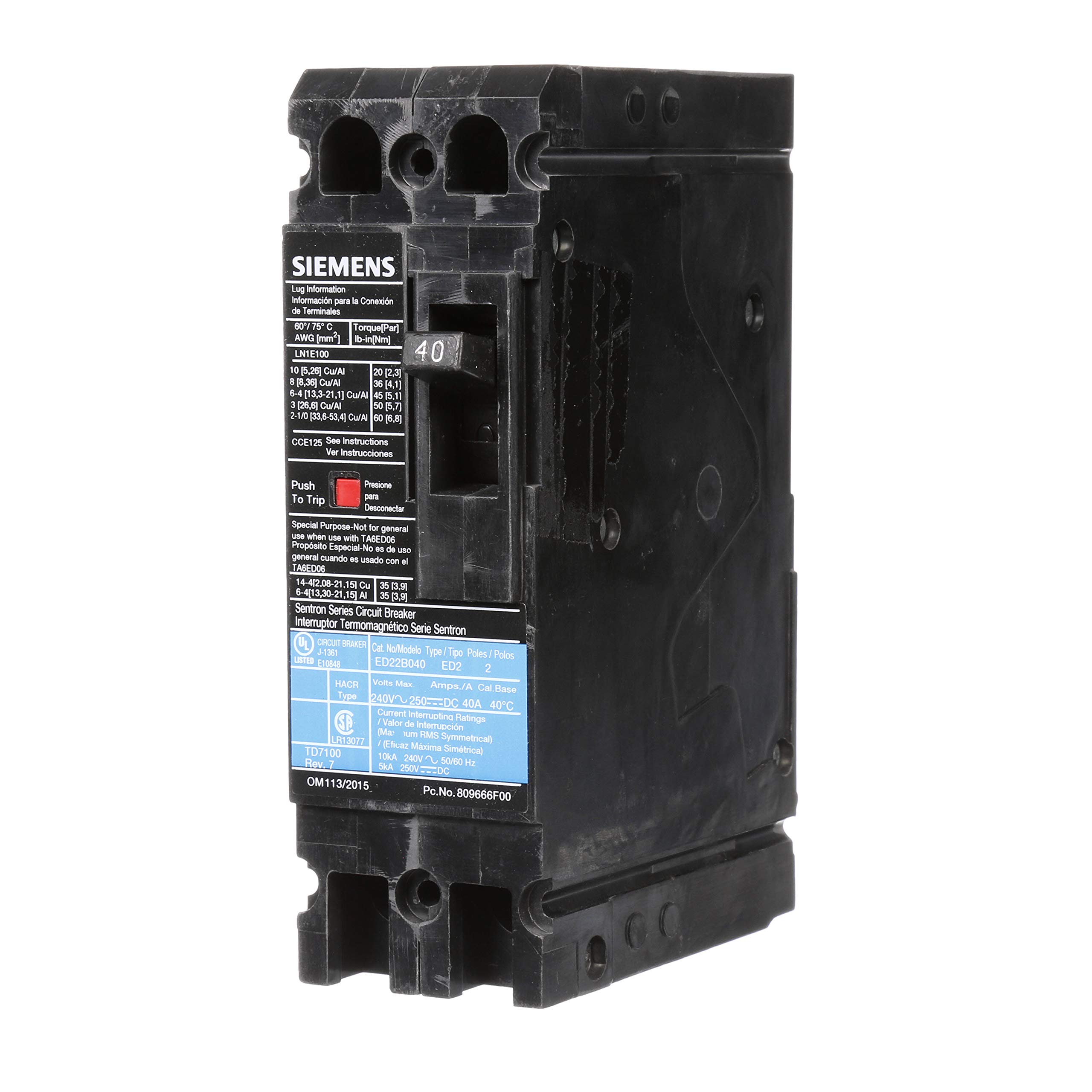 Siemens ED22B040 40 Amp 2 Pole Circuit Breaker Type ED2 - Perfect for Residential & Commercial Electrical Panels, HVAC Systems & Industrial Equipment Protection