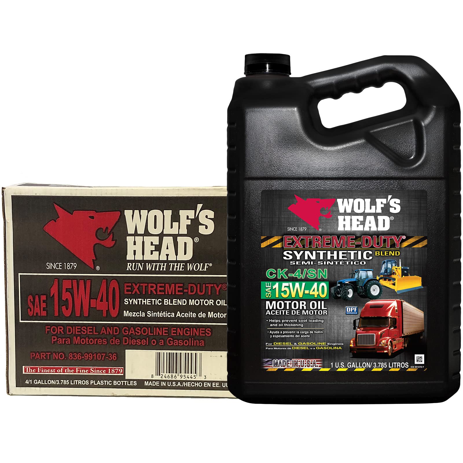 Wolf's Head Extreme Duty 15W-40 Synthetic Blend Diesel Engine Oil (836-99107-36) - 1 Gallon Bottle, Pack of 4 - Heavy Duty Protection for Trucks, Tractors & Industrial Equipment