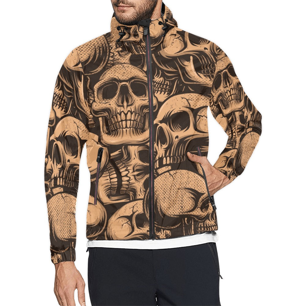 Stylish Bronze Skull Hooded Windbreaker Jacket for Men & Women - Lightweight Water-Resistant Outdoor Coat for Running, Hiking & Streetwear Fashion