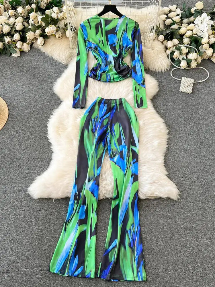 Y2K Fashion Women's Autumn Print Long Sleeve Round Neck Pleated Top + High Waist Straight Flare Pants Two-Piece Set | Trendy Outfit for Fall, Casual Wear, Street Style & Retro Fashion