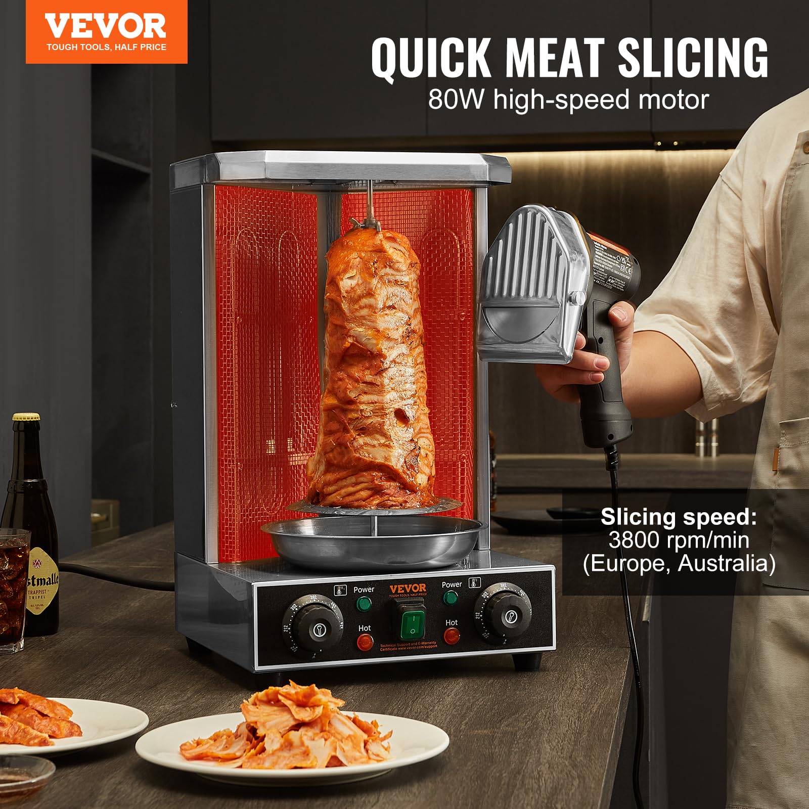 VEVOR 80W Electric Shawarma Knife - Professional Turkish Kebab Slicer with 2 Stainless Steel Blades (Φ100mm) | Adjustable 0-8mm Thickness | Commercial Gyro & Doner Meat Cutter for Restaurants, Food Trucks & Home Kitchens