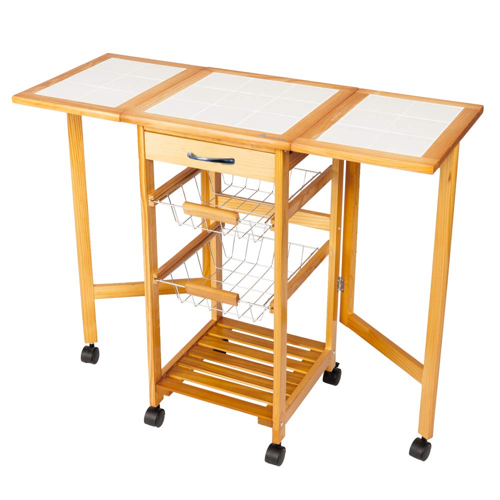 Portable Rolling Drop Leaf Kitchen Cart - Expandable Storage Trolley with Wheels, Sapele Wood Finish - Perfect for Small Kitchens, Dining Rooms & Mobile Serving Stations