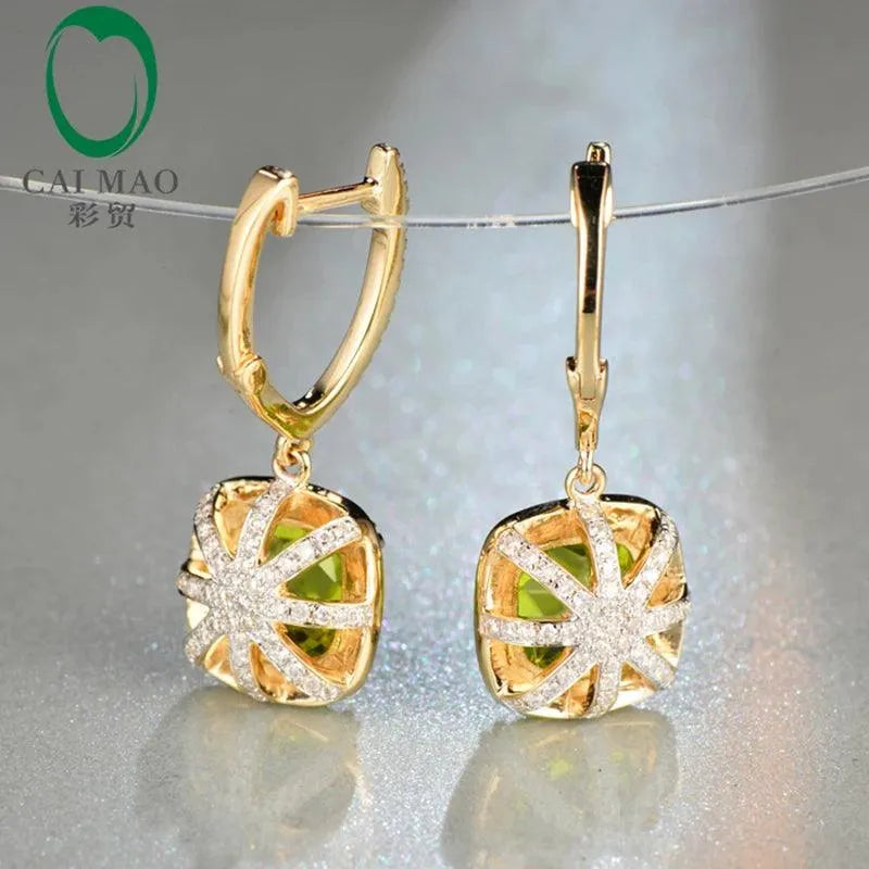 14K Yellow Gold Natural Flawless 4.30ct Cushion Cut Peridot Diamond Drop Earrings for Women - Elegant Engagement Jewelry Gift for Wedding, Anniversary & Special Occasions
