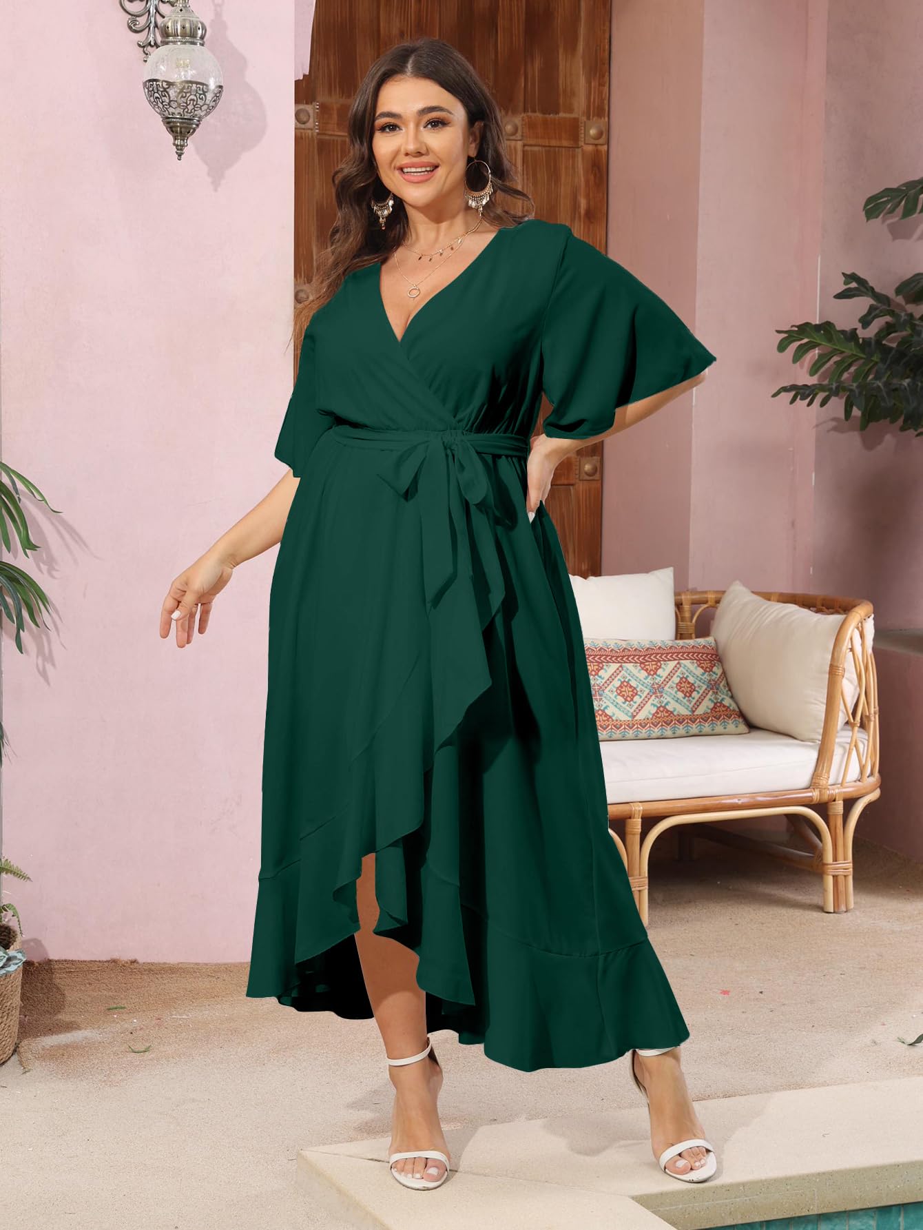 SCOMCHIC Women's Plus Size Wrap V-Neck Maxi Dress with Short Sleeves, High-Low Split & Ruffle Hem - Perfect for Summer Vacations, Beach Getaways, and Evening Parties