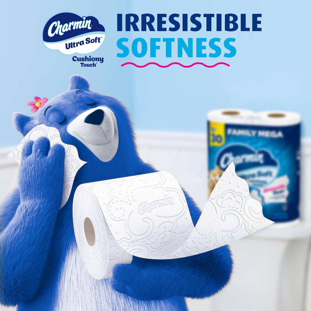 Charmin Ultra Soft Cushiony Touch Toilet Paper - 18 Family Mega Rolls (90 Regular Rolls) | Gentle Bathroom Tissue for Sensitive Skin | Perfect for Home, Office & RV Use