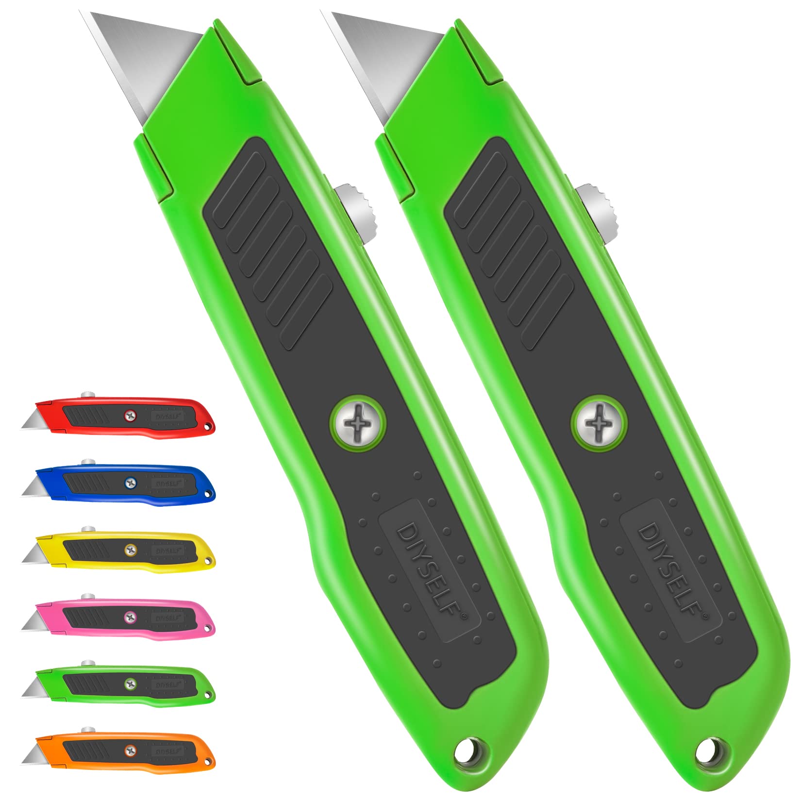 DIYSELF 2 Pack Heavy Duty Retractable Utility Knife - Exacto Box Cutter with Comfortable Aluminum Handle & Sharp Blade - Perfect for Opening Cardboard Boxes, Packages, Carpets - Ideal for Home, Office, Warehouse, and DIY Projects (Green)