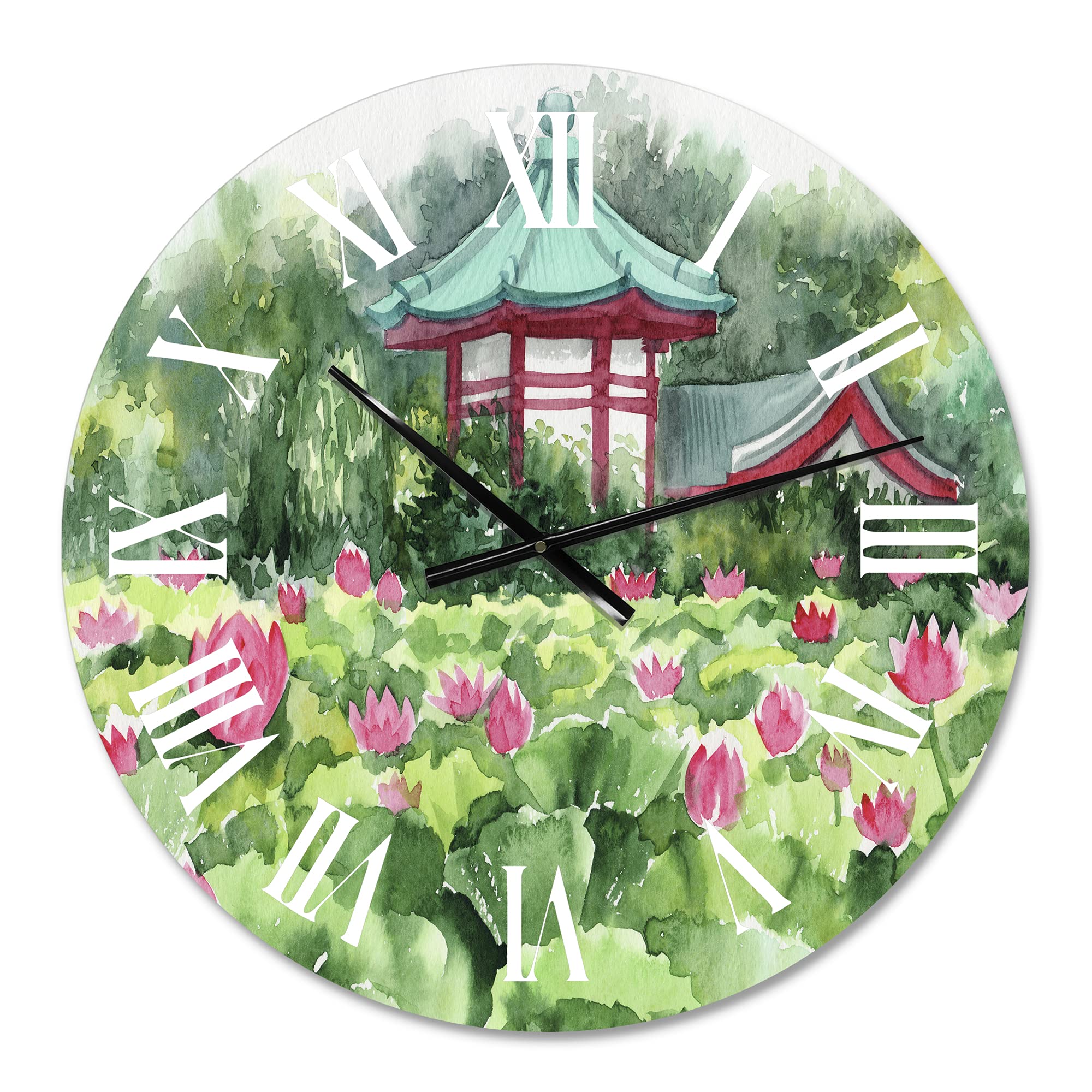 DesignQ Traditional Wall Clock 'Lotus Lake and Pagoda' - Large Landscape Nature Wall Clock for Home & Office Decor - Perfect for Living Room, Bedroom, and Study