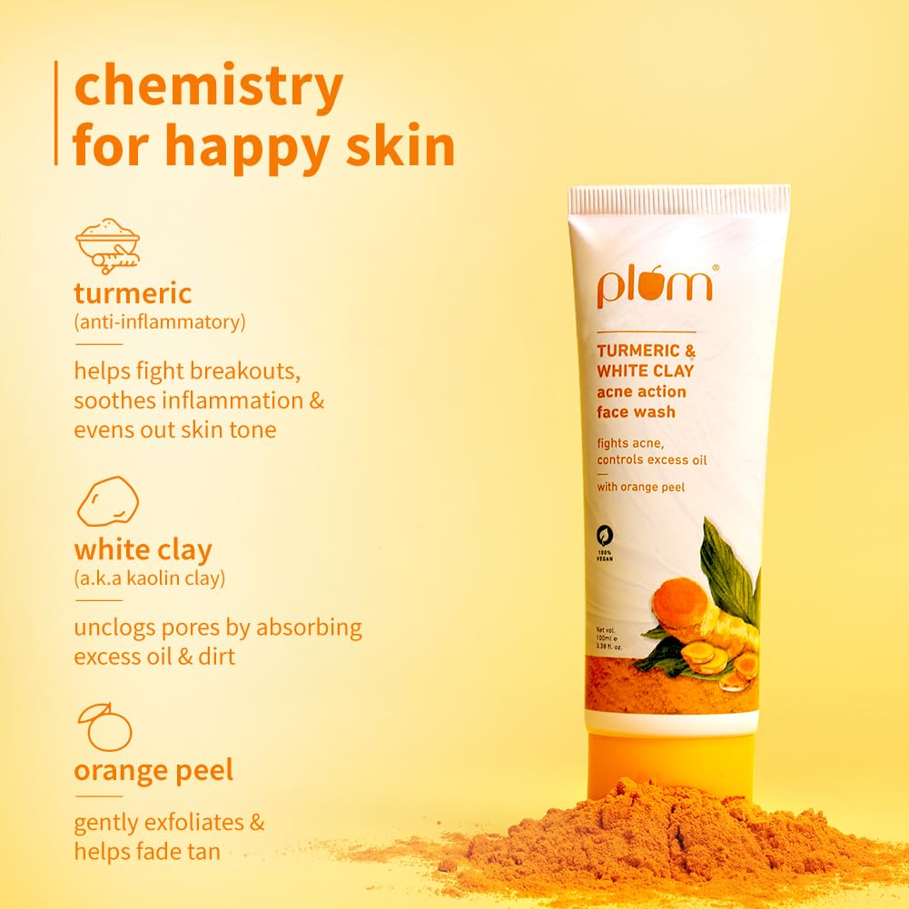 Plum Turmeric & White Clay Acne Action Face Wash - Fights Acne & Controls Oil with Turmeric & Orange Peel | Non-Drying, Sulfate-Free, Vegan Clay Cleanser (100ml) for Clear Skin | Perfect for Oily & Acne-Prone Skin Daily Care