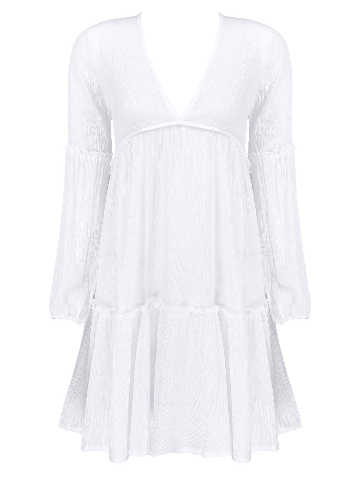 Moily Women's Deep V Neck Long Sleeve Backless Dress - Elegant Ruffled Swing Midi Dress for Casual Wear, Date Night & Party Outfits