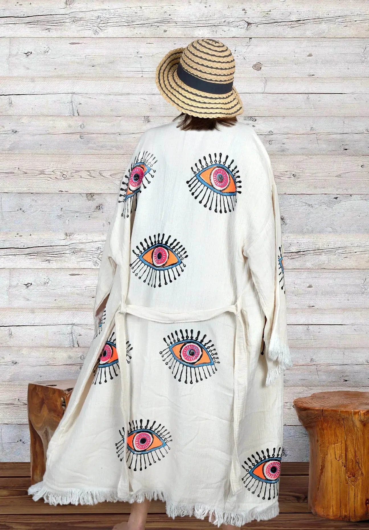 Organic Cotton One Size Neon Women's Kimono Robe with Evil Eye Design - Perfect for Spa, Beach Cover-Up, Yoga & Boho Loungewear