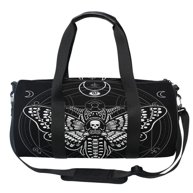 MNSRUU Black Skull Moth Duffle Bag - Large Travel Gym Bag for Men & Women, Waterproof Sports Overnight Weekender Bag for Gym, Workout, Camping, Business Trips & Weekend Getaways