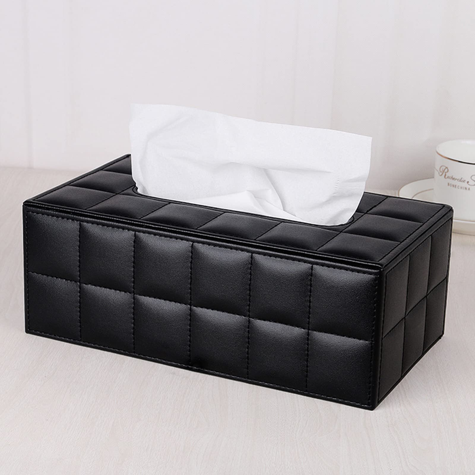Premium PU Leather Tissue Box Cover - Elegant Black Checkered Design for Home, Office & Car | Magnetic Bottom Rectangular Napkin Holder & Paper Dispenser | Perfect Desk Organizer, Gift Idea & Interior Decor Accessory
