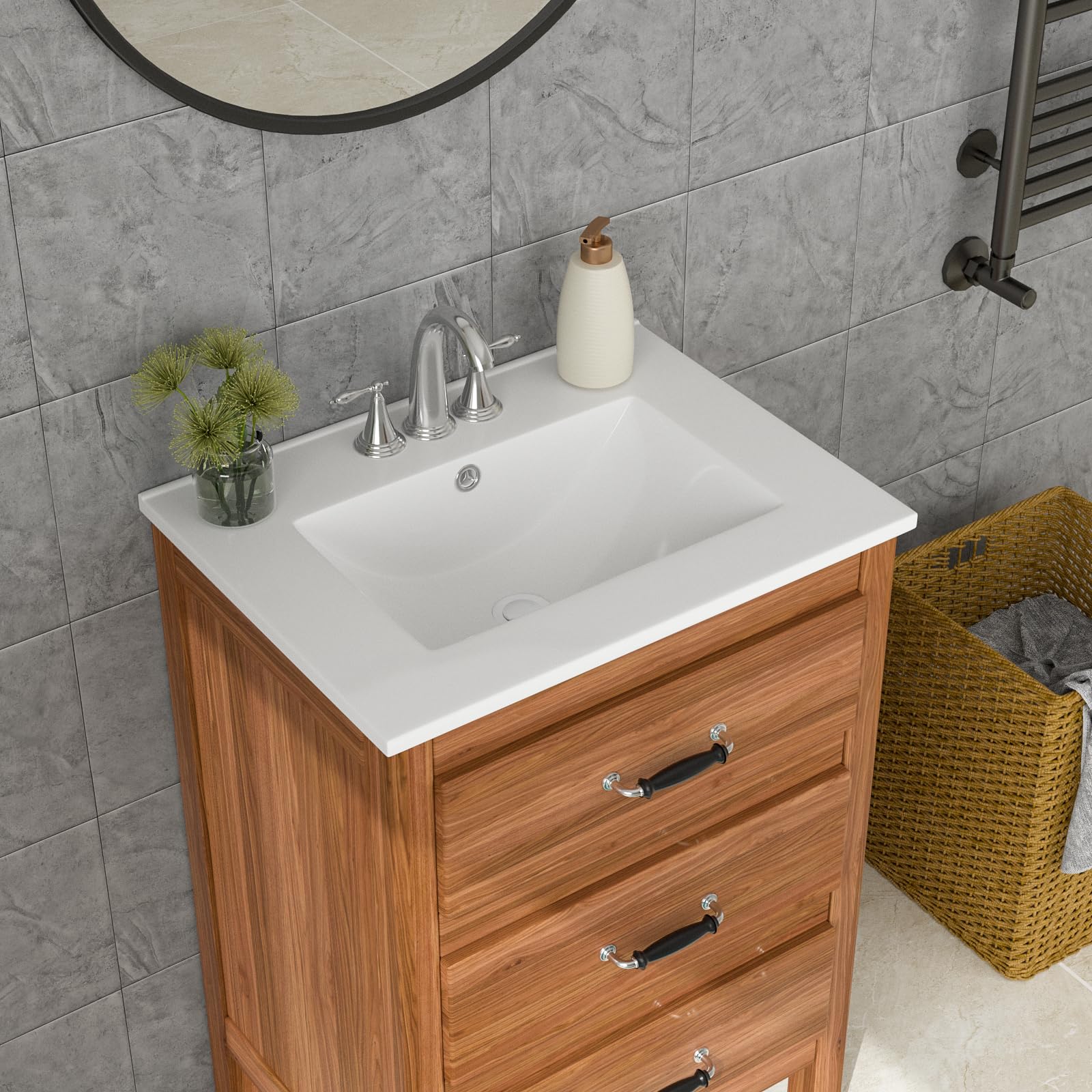 Lordear White Porcelain 3-Hole Drop-In Bathroom Sink - 24 x 18 Inch Ceramic Vanity Top Basin for Bathroom & Powder Room Remodeling