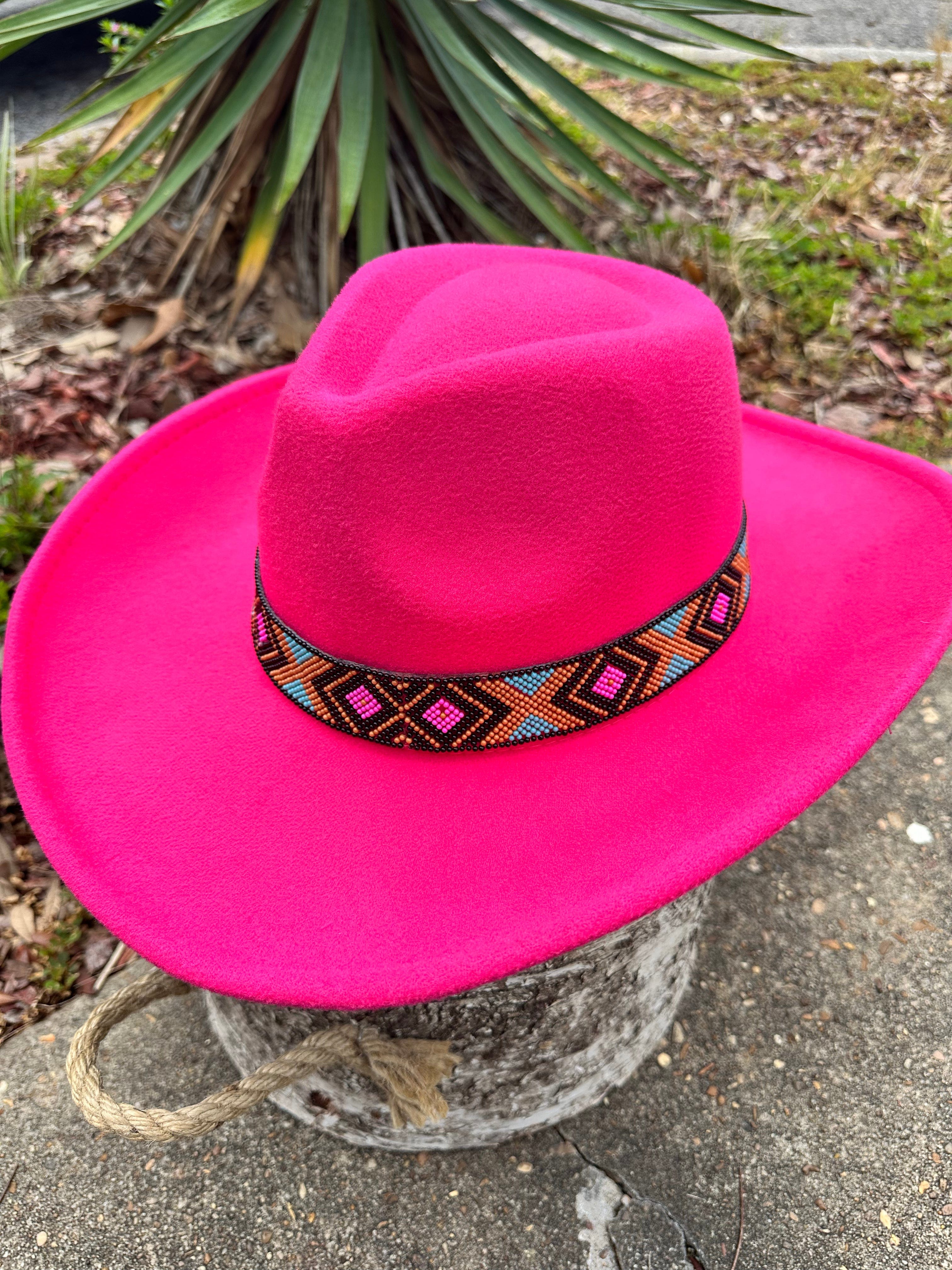 Women's Fuchsia Wide Brim Felt Hat with Beaded Hat Band - Stylish Sun Hat for Outdoor Events, Beach Vacations & Fashion Accessories