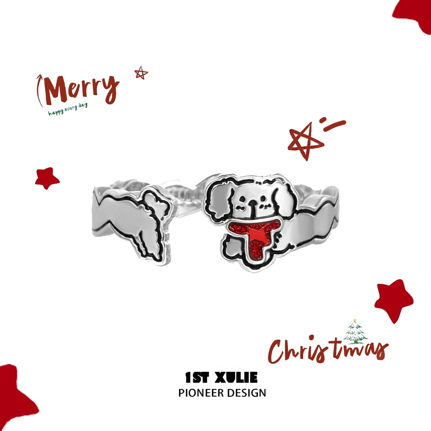 2024 Christmas Graffiti Puppy S925 Sterling Silver Adjustable Open End Ring - Perfect Holiday Gift for Dog Lovers, Christmas Party & Festive Jewelry Collection